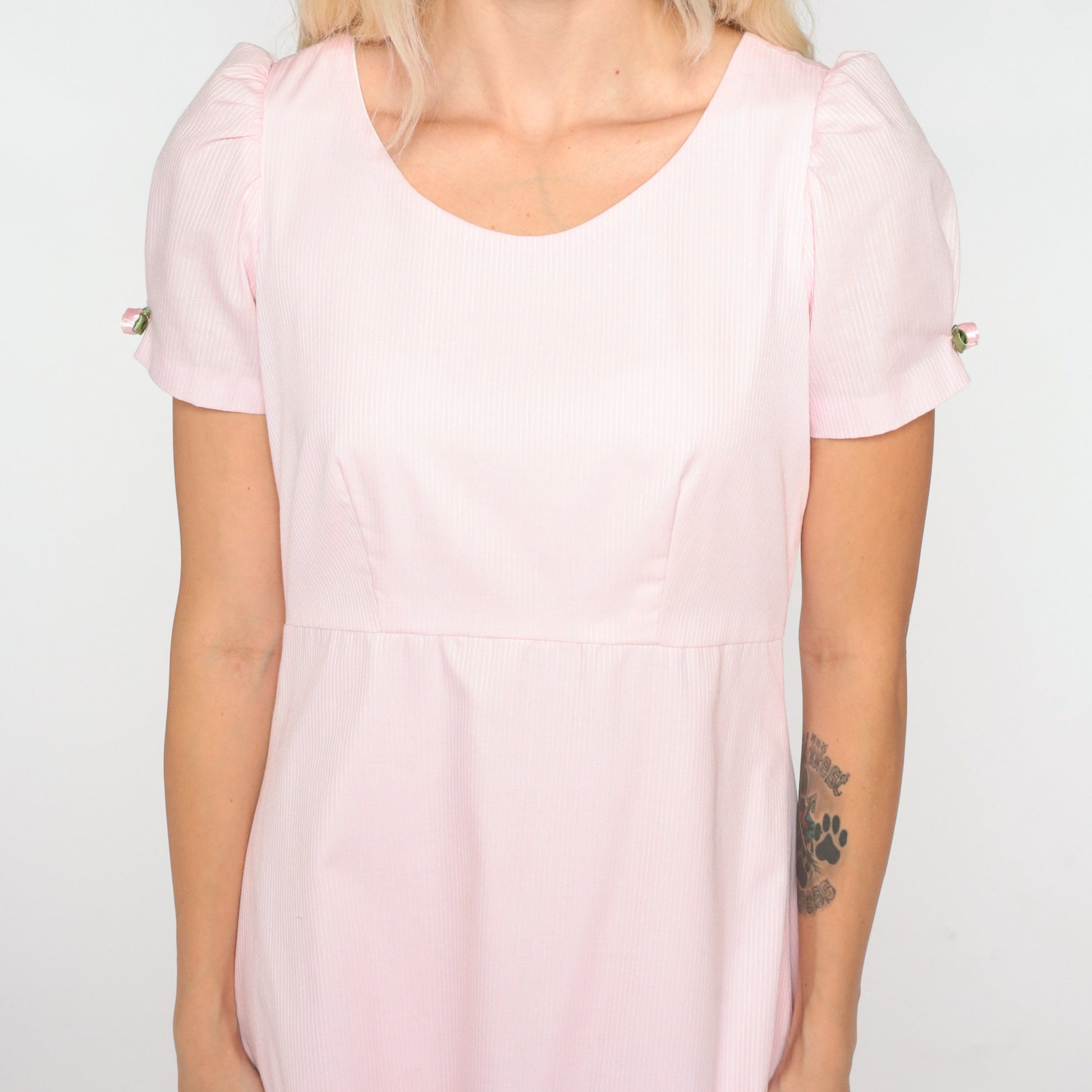 80s Baby Pink Mini Dress Empire Waist Puff Sleeve Rosette Extra Small