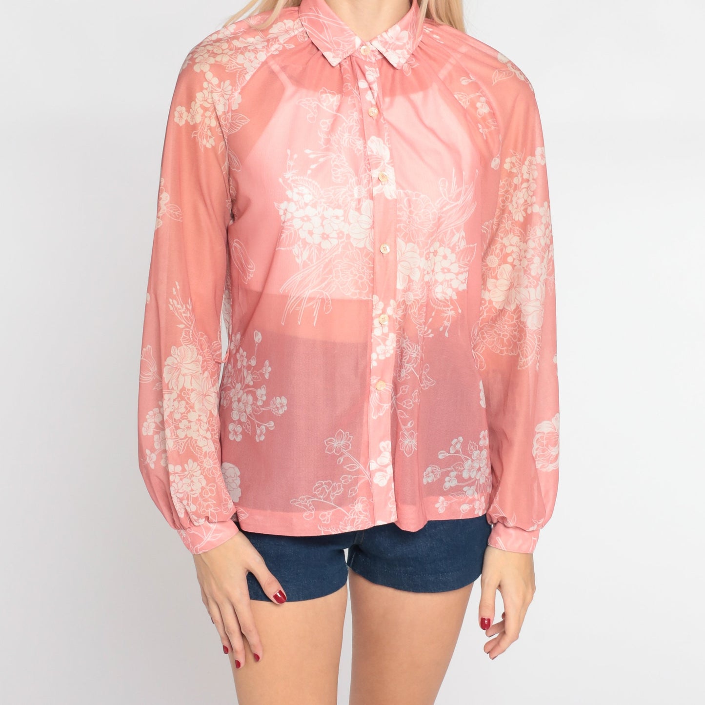 70s Sheer Pink Floral Button-Up Blouse Long Sleeve Collar Medium M