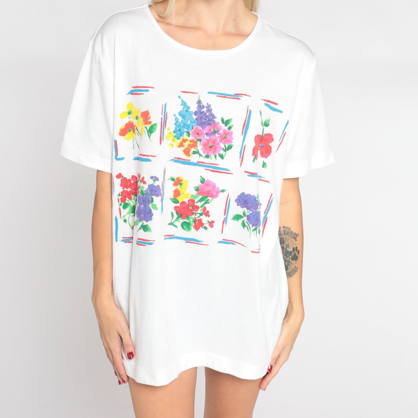 90s Watercolor Floral Graphic Tee White Single Stitch Wildflower Print Extra Large