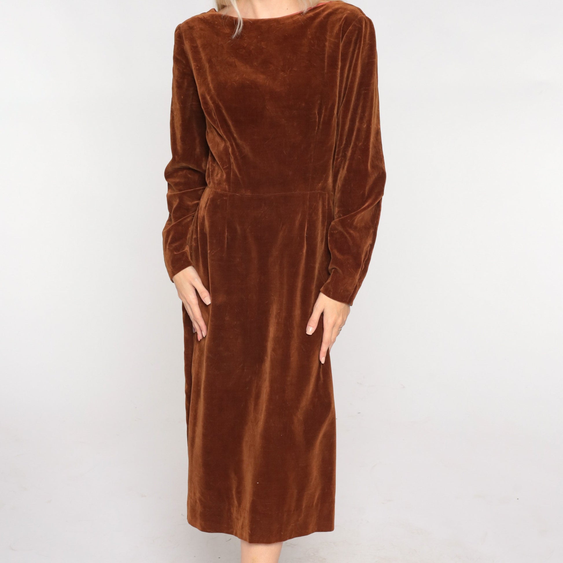 60s Brown Velvet Midi Dress Long Sleeve High Waist Low Back Small