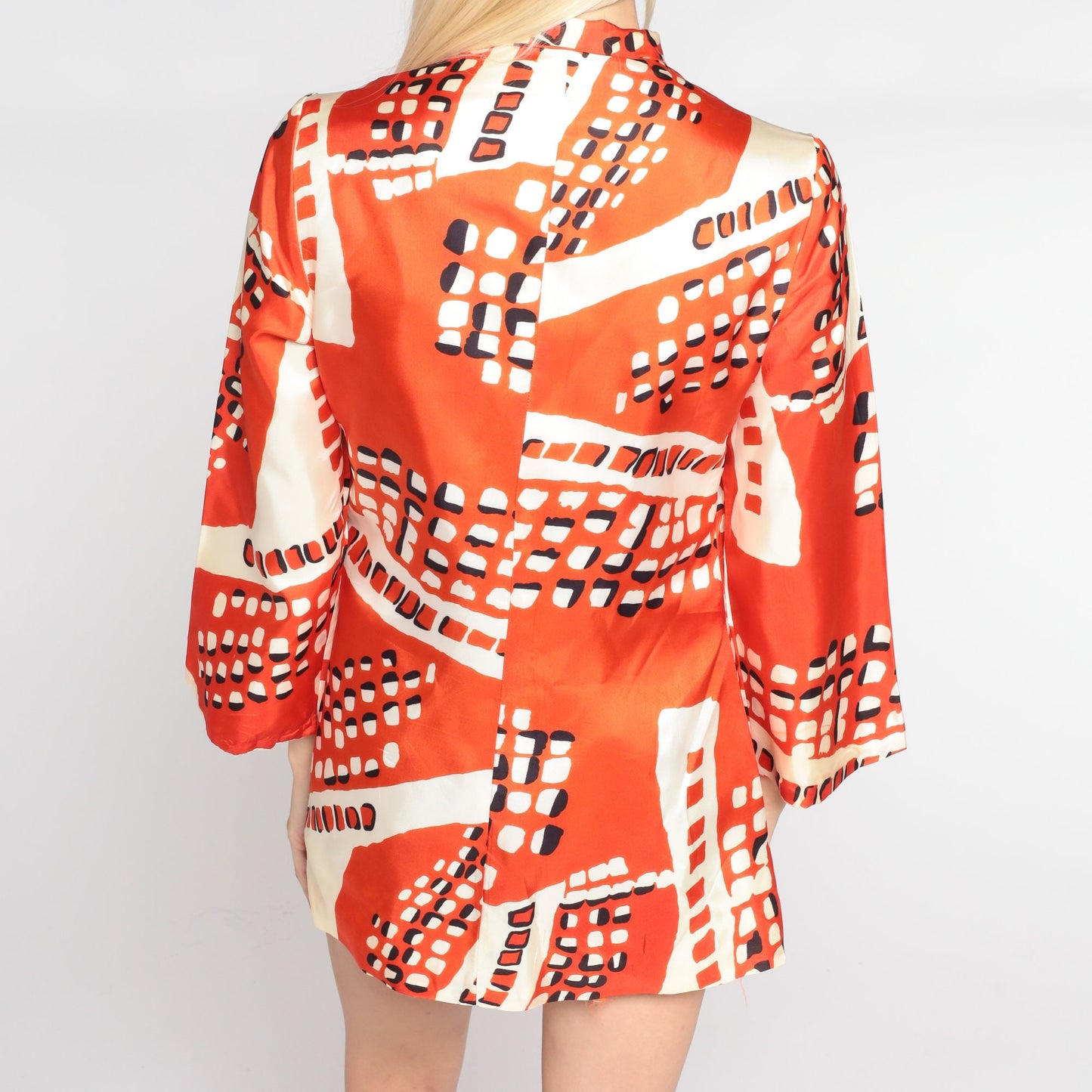 60s Orvieto Creations Blouse Orange White Abstract Dot Print Wide Sleeve Small
