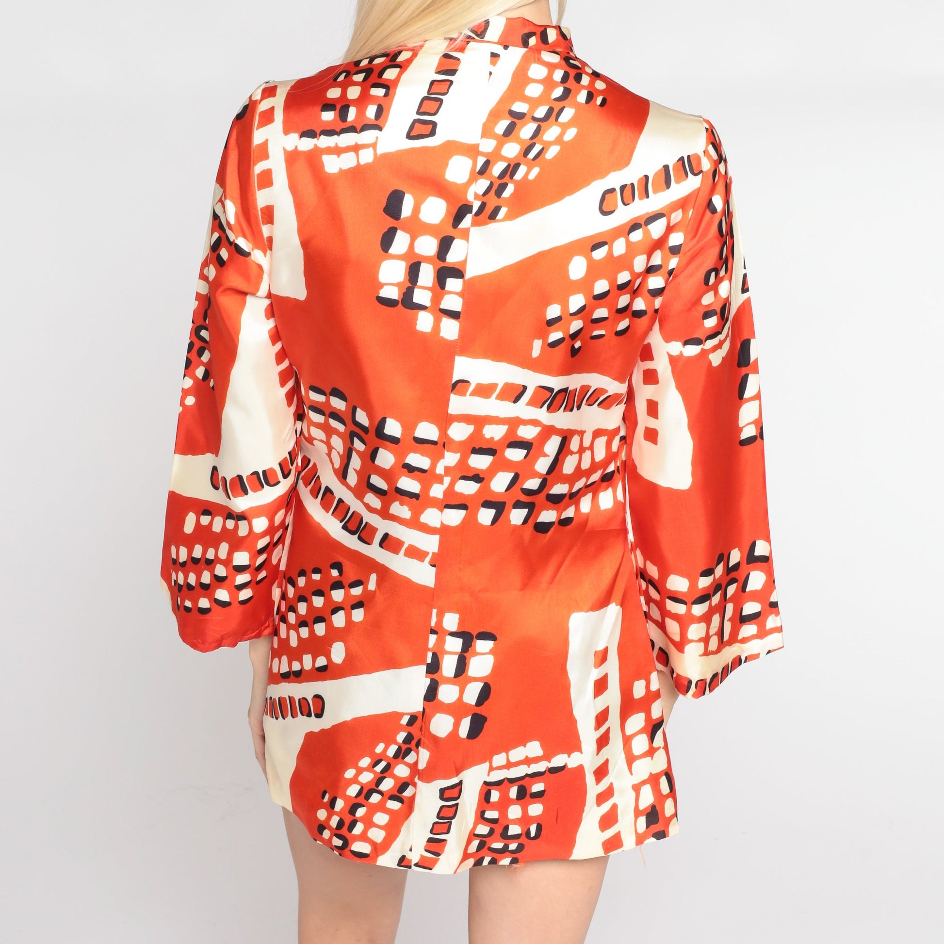 60s Orvieto Creations Blouse Orange White Abstract Dot Print Wide Sleeve Small