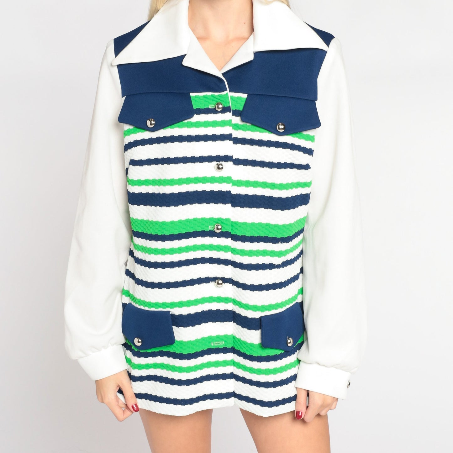 70s Dagger Collar Striped Button-Up Blouse White Blue Green Long Sleeve Medium Large