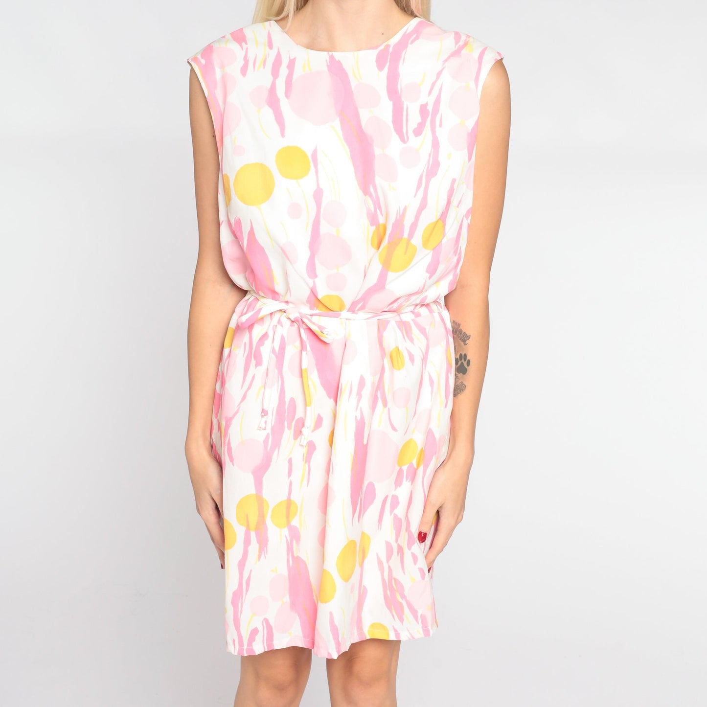 60s Abstract Dot Print Mini Dress White Pink Yellow Sleeveless Shift Medium