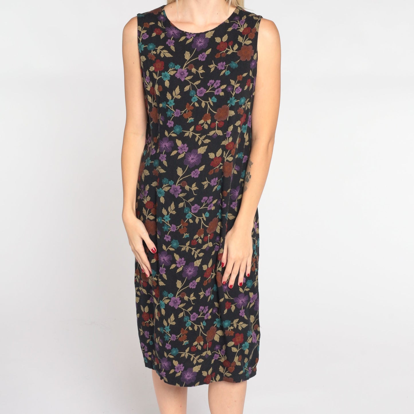 00s Black Floral Shift Dress Sleeveless Knee Length Small S