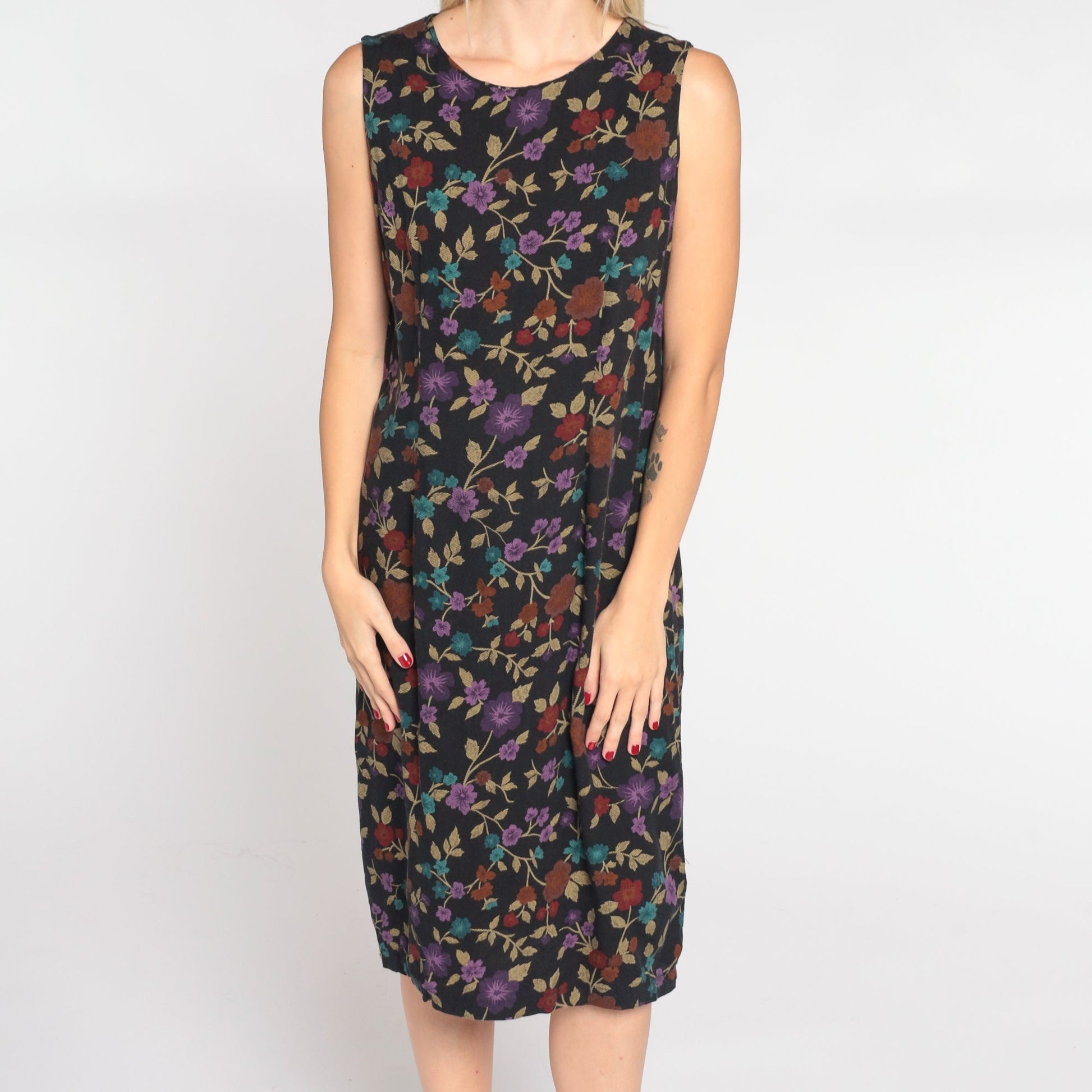 00s Black Floral Shift Dress Sleeveless Knee Length Small S