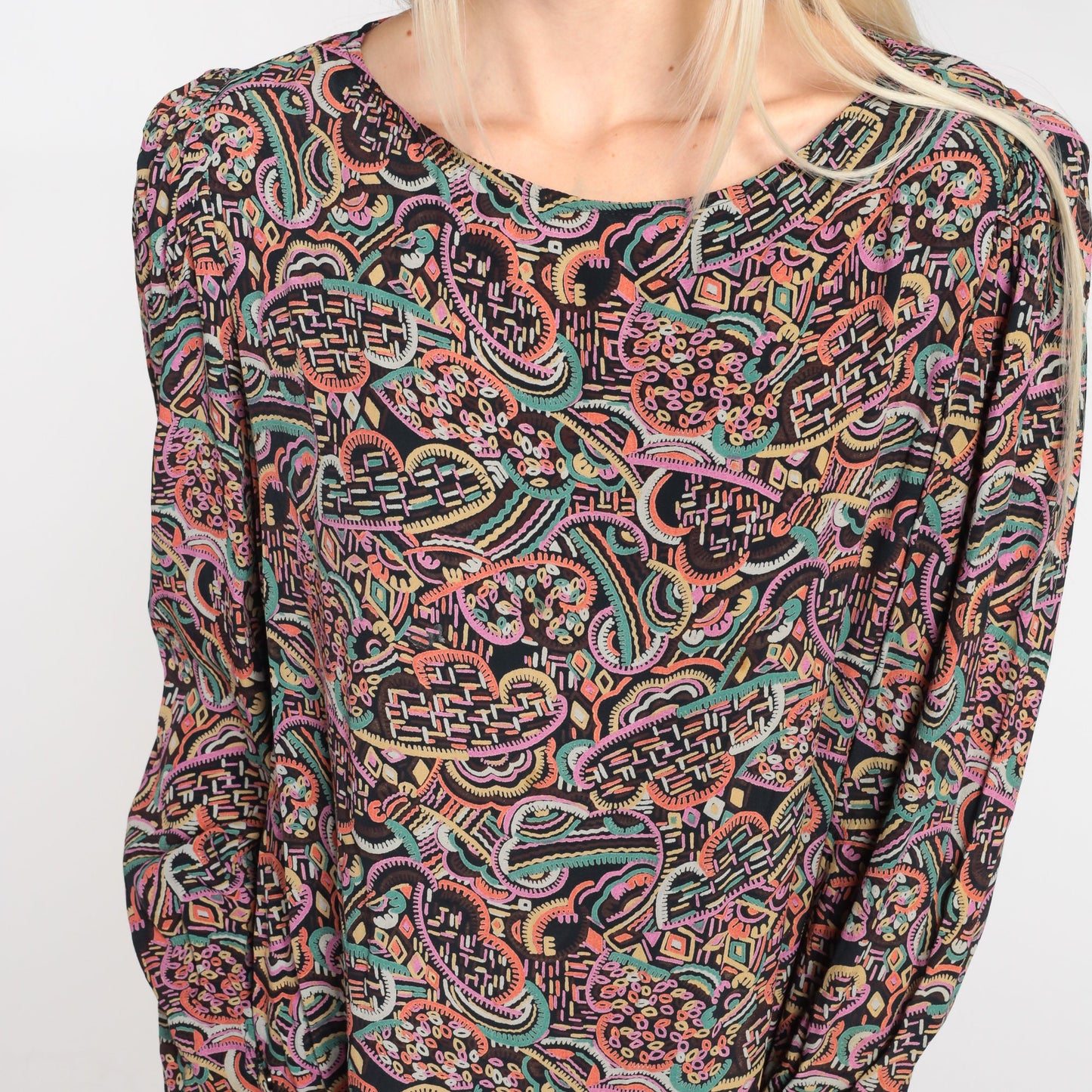 80s Abstract Cloud Print Midi Dress Black Puff Sleeve Shift Medium M