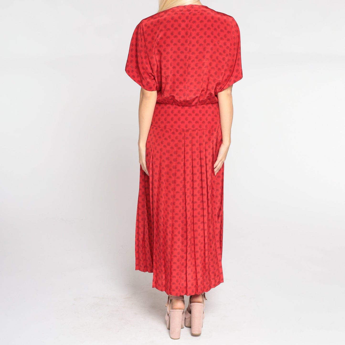 90s Liz Claiborne Red Paisley Dot Midi Shirt Dress Pleated Button-Up Medium 8