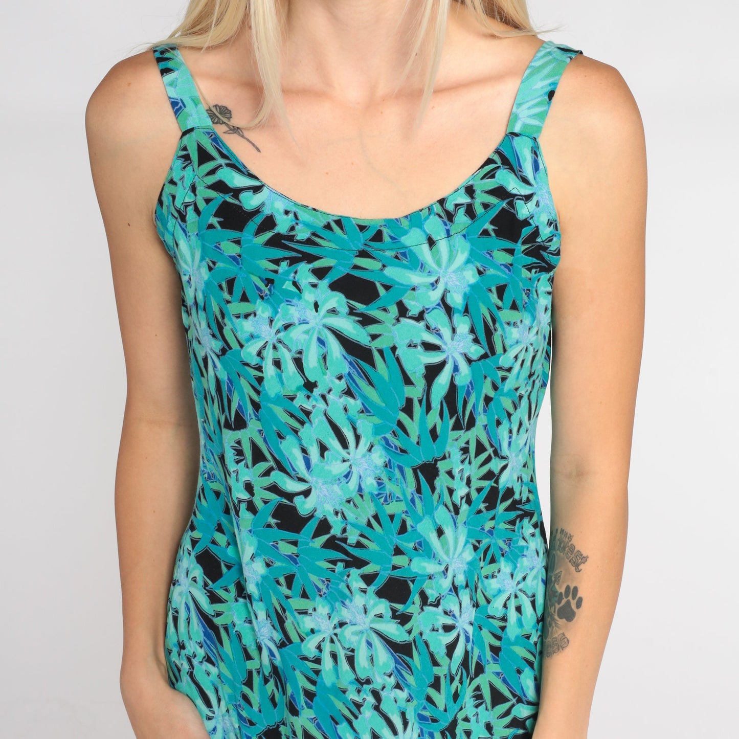 Y2K Tropical Floral Mini Dress Blue Orchid Leaf Print Sleeveless Small S