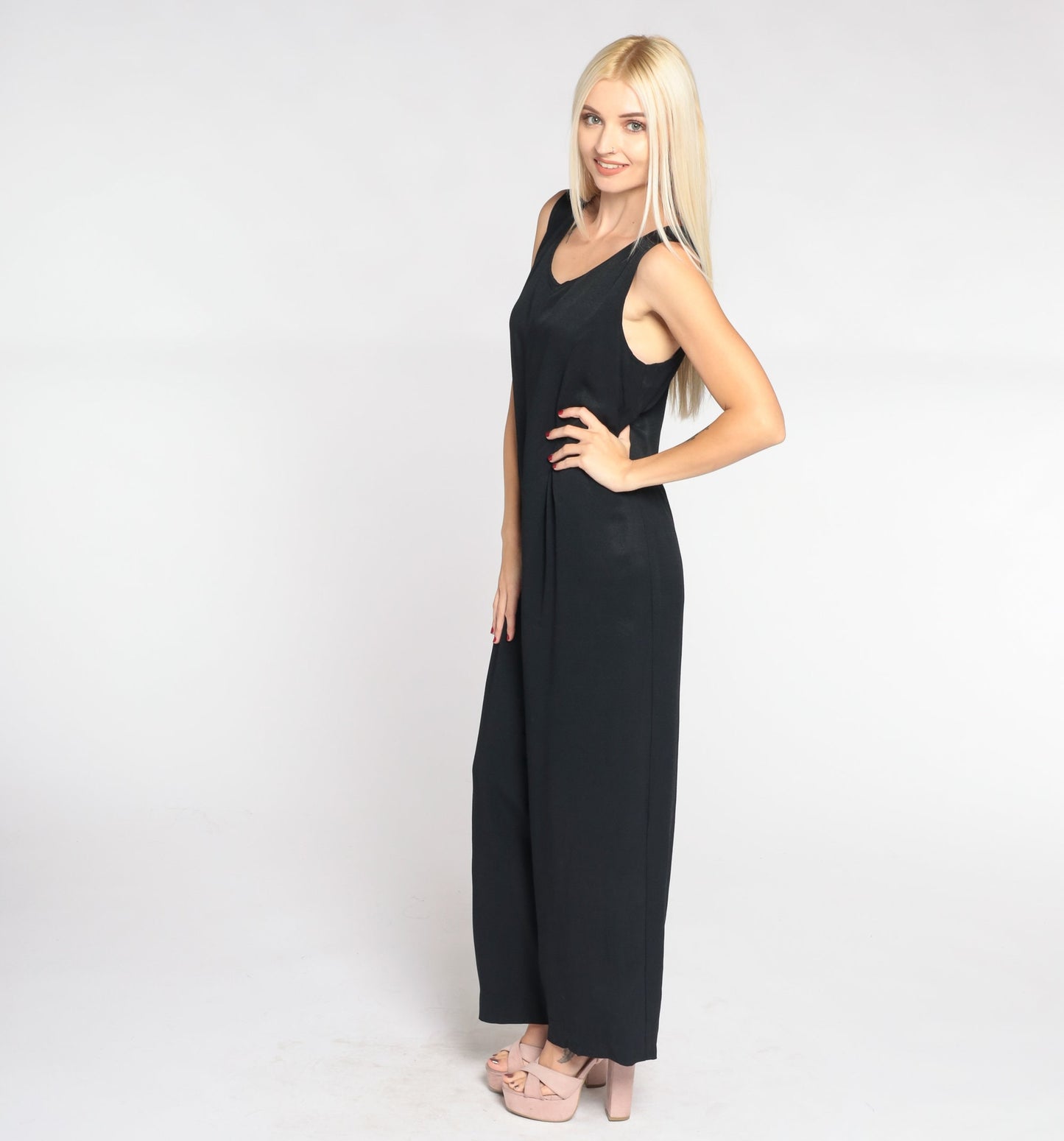 90s Black Jumpsuit Sleeveless Scoop Neck Wide Leg Pantsuit Medium