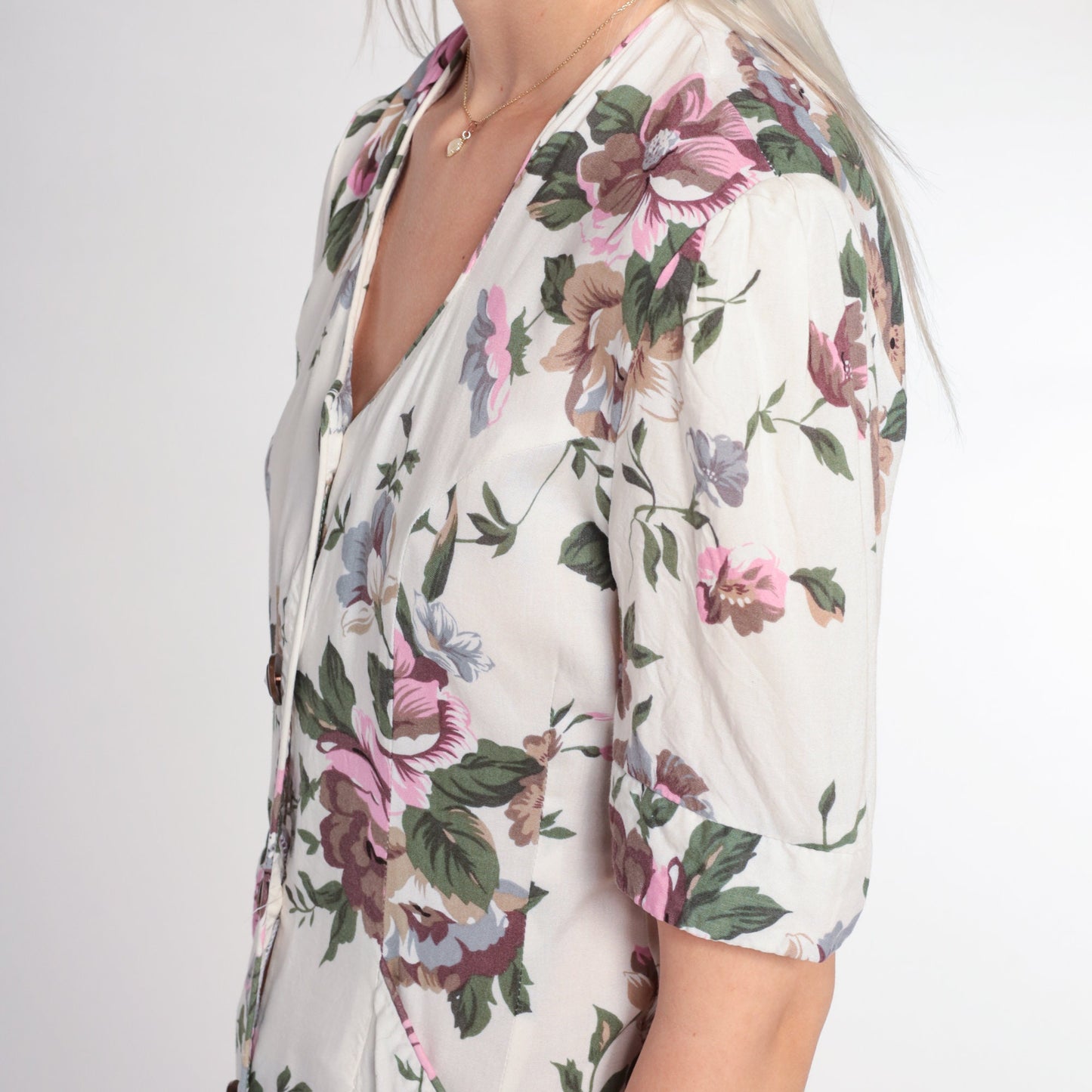 90s White Floral Mini Dress Button-Up Sheath Puff Sleeve Small S