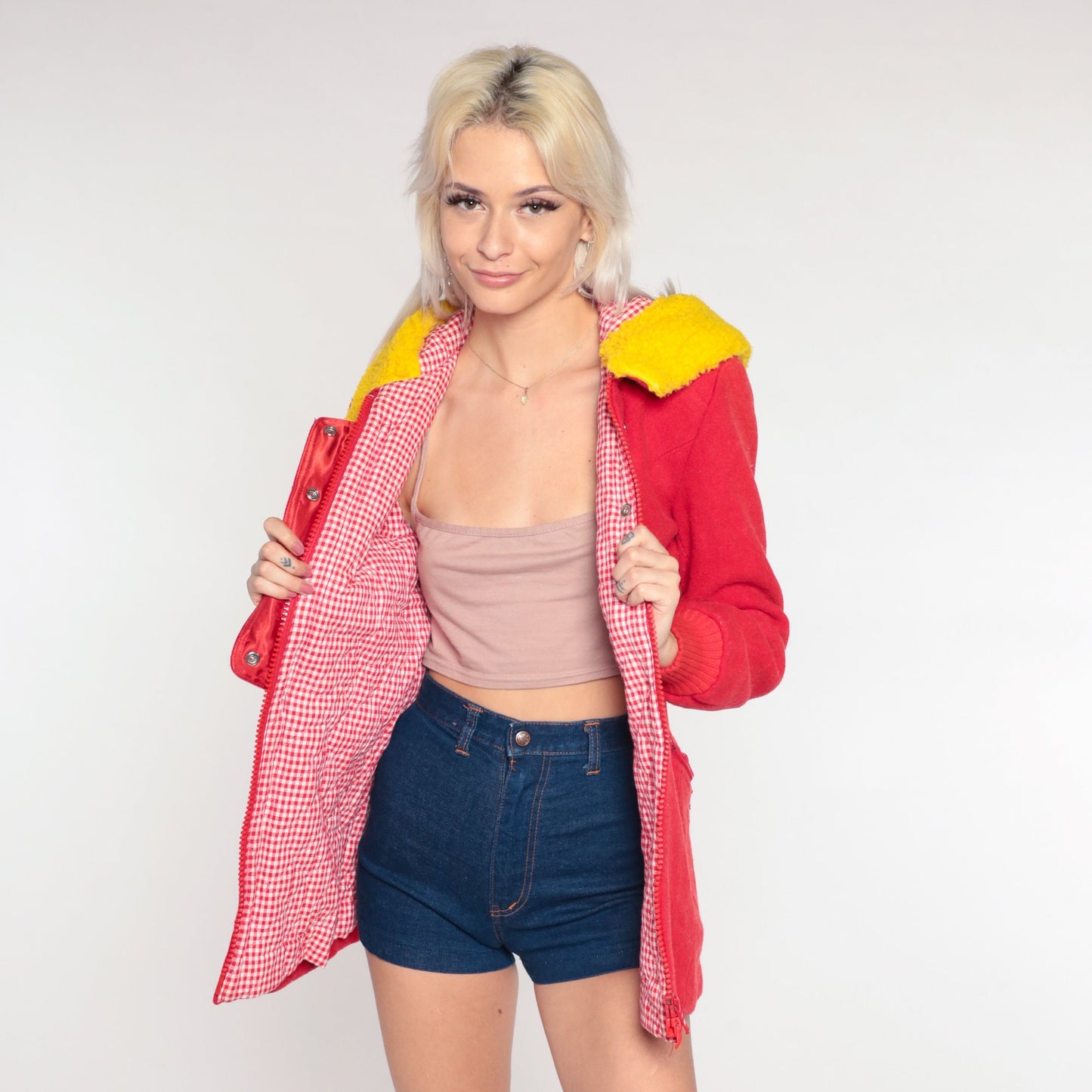 70s 80s Red Wool Blend Hooded Winter Coat Yellow Sherpa Trim Extra Small XS