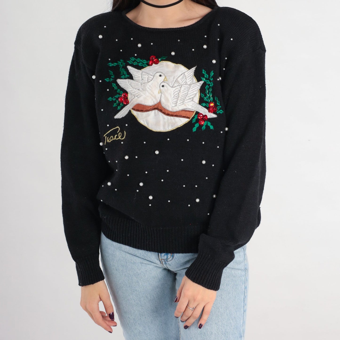 Y2K Christmas Dove Sweater Black Beaded Peace Pullover Large L