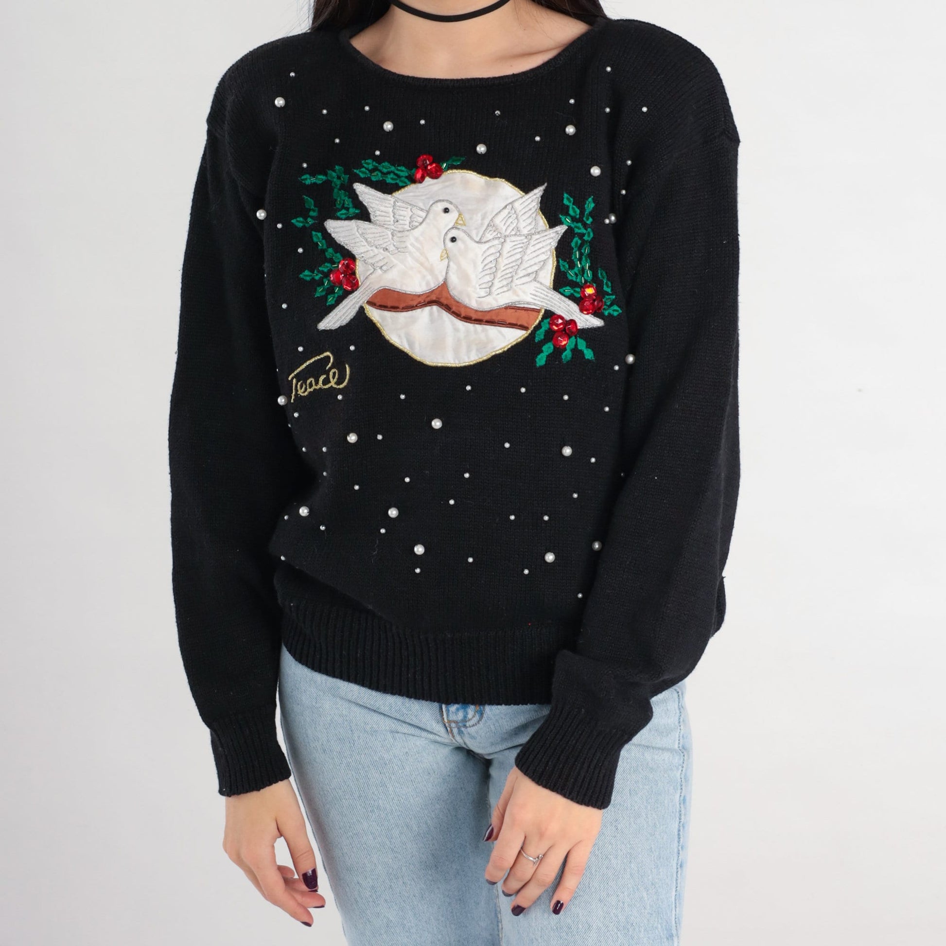 Y2K Christmas Dove Sweater Black Beaded Peace Pullover Large L