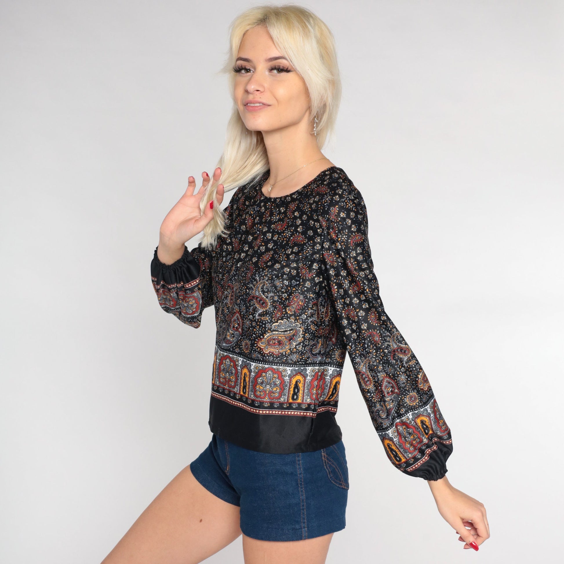 70s Paisley Floral Peasant Blouse Black Balloon Sleeve Zip Back Small