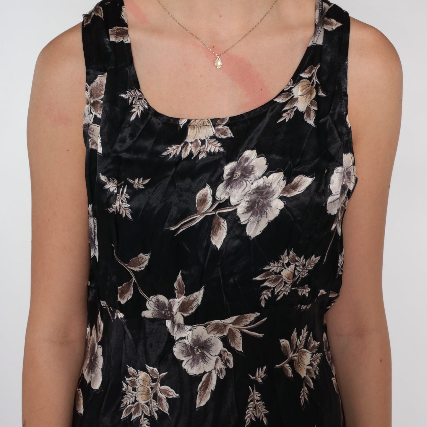 90s Black Floral Mini Dress Sleeveless Empire Waist Shiny Shift Medium