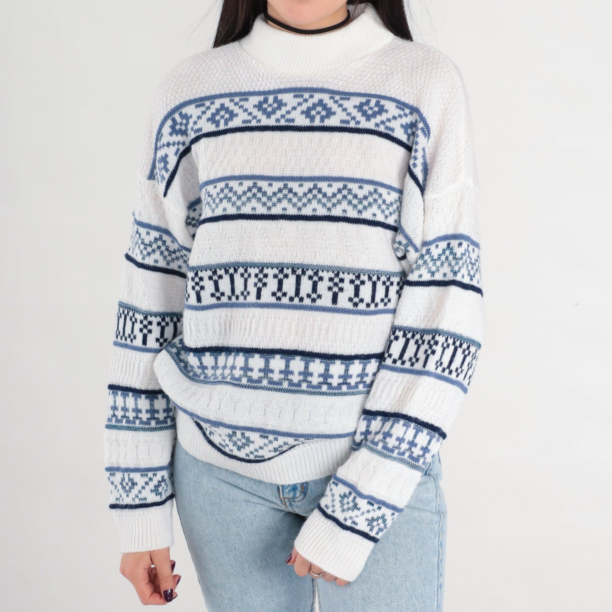 90s Striped Mock Neck Sweater White Blue Knit Pullover Medium M