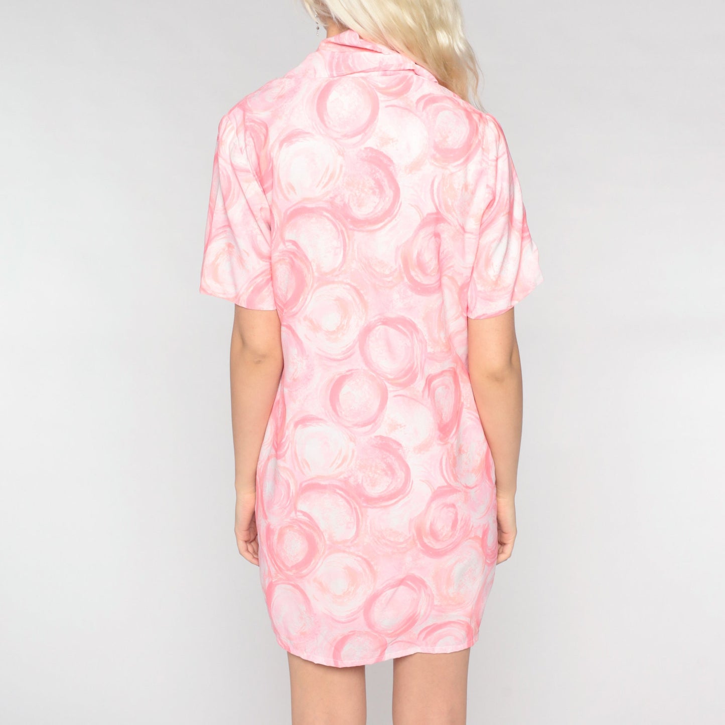 60s Pink Abstract Brushstroke Shift Dress Button-Up Mini Short Sleeve Medium