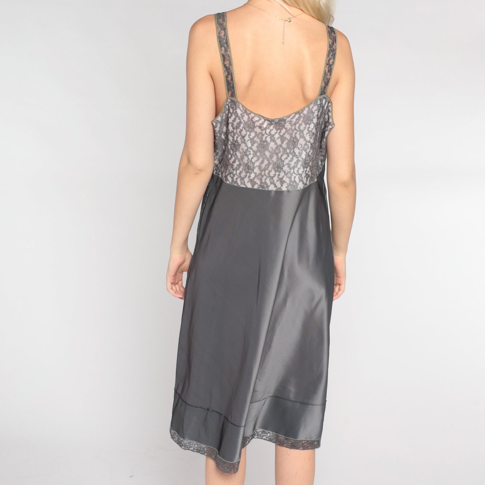 60s Barbizon Lace Slip Dress Grey Floral Empire Waist Midi Medium M