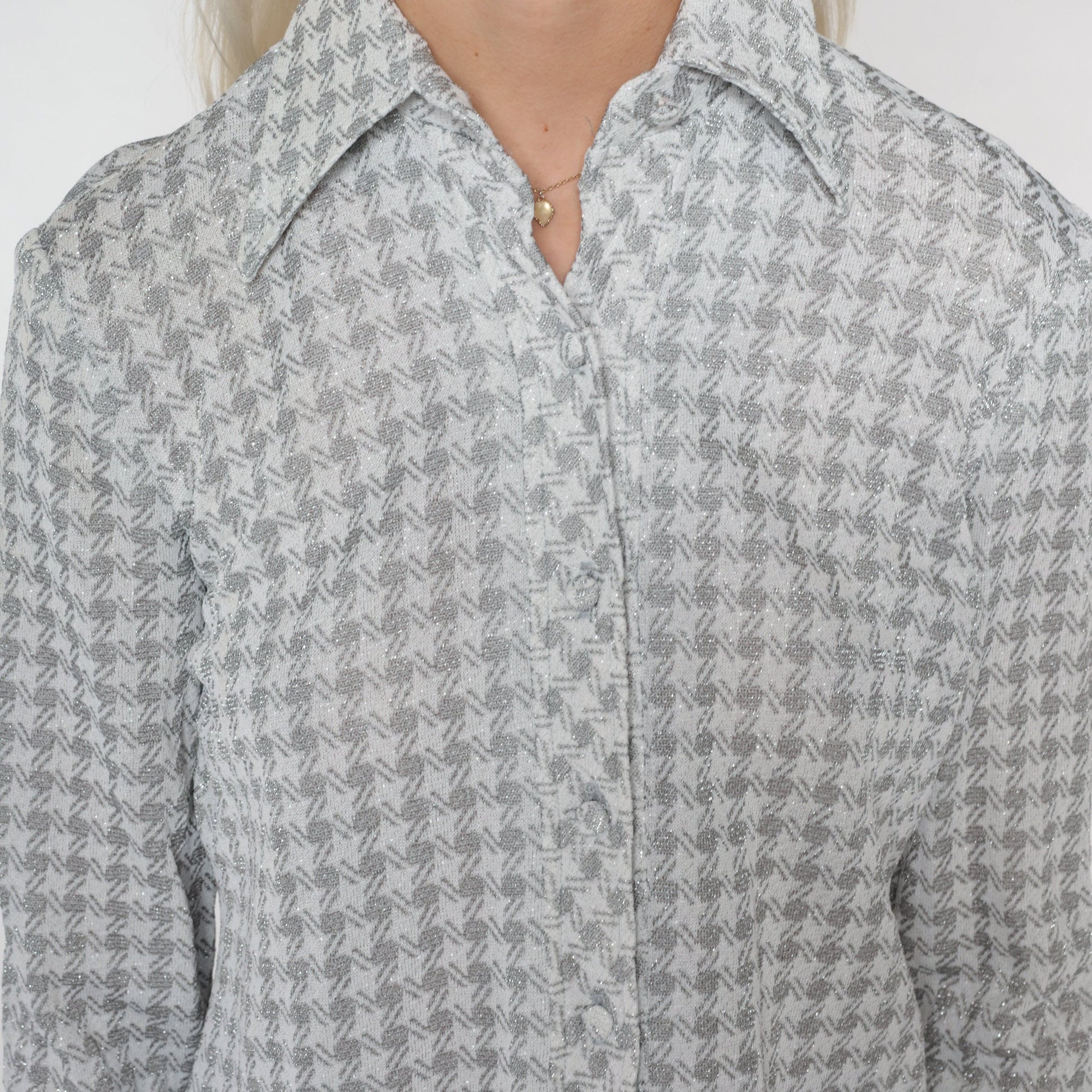 70s Silver Checkered Metallic Button-Up Blouse Pointed Collar Long Sleeve Small