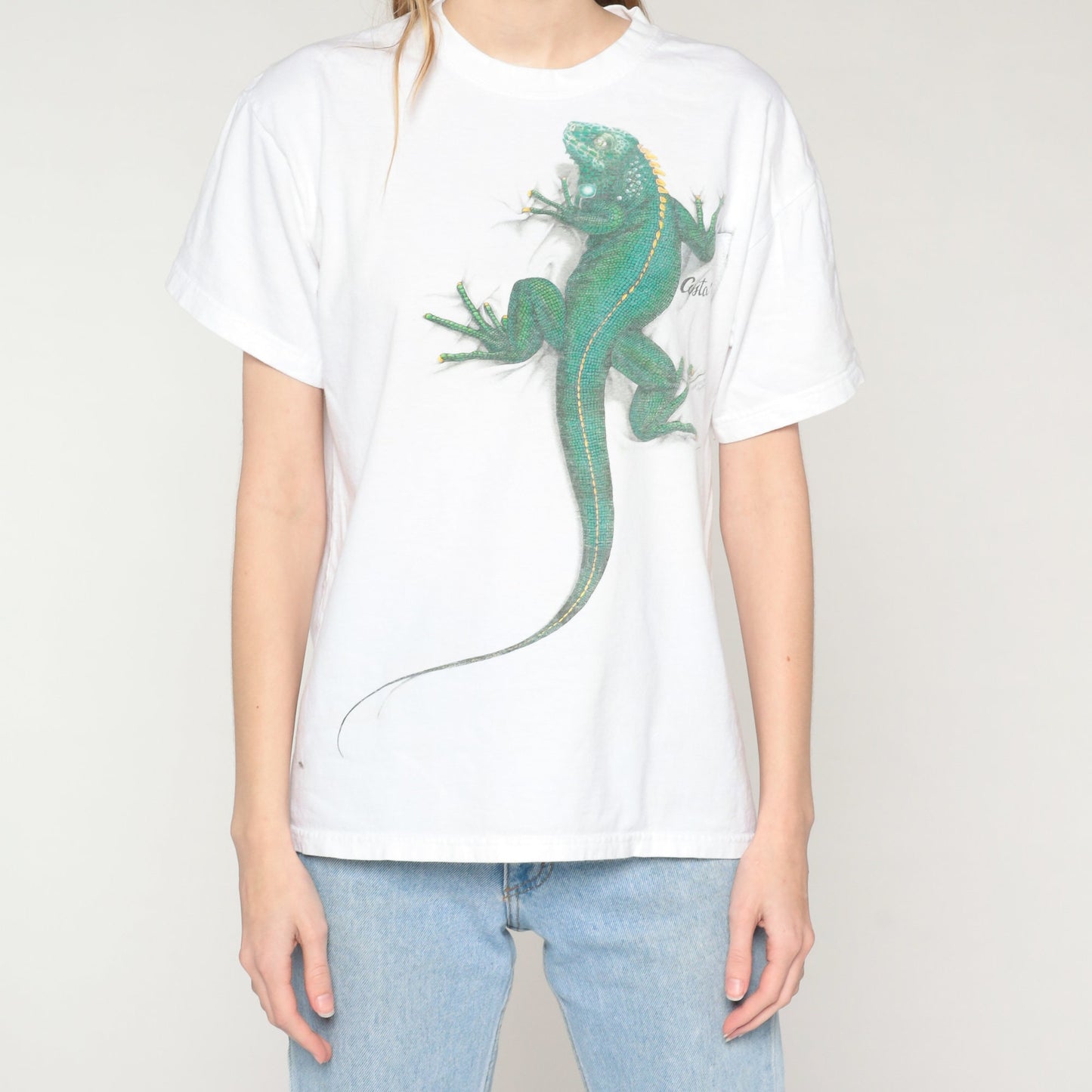 Y2K Costa Rica Iguana Graphic T-Shirt White Cotton Tee Medium