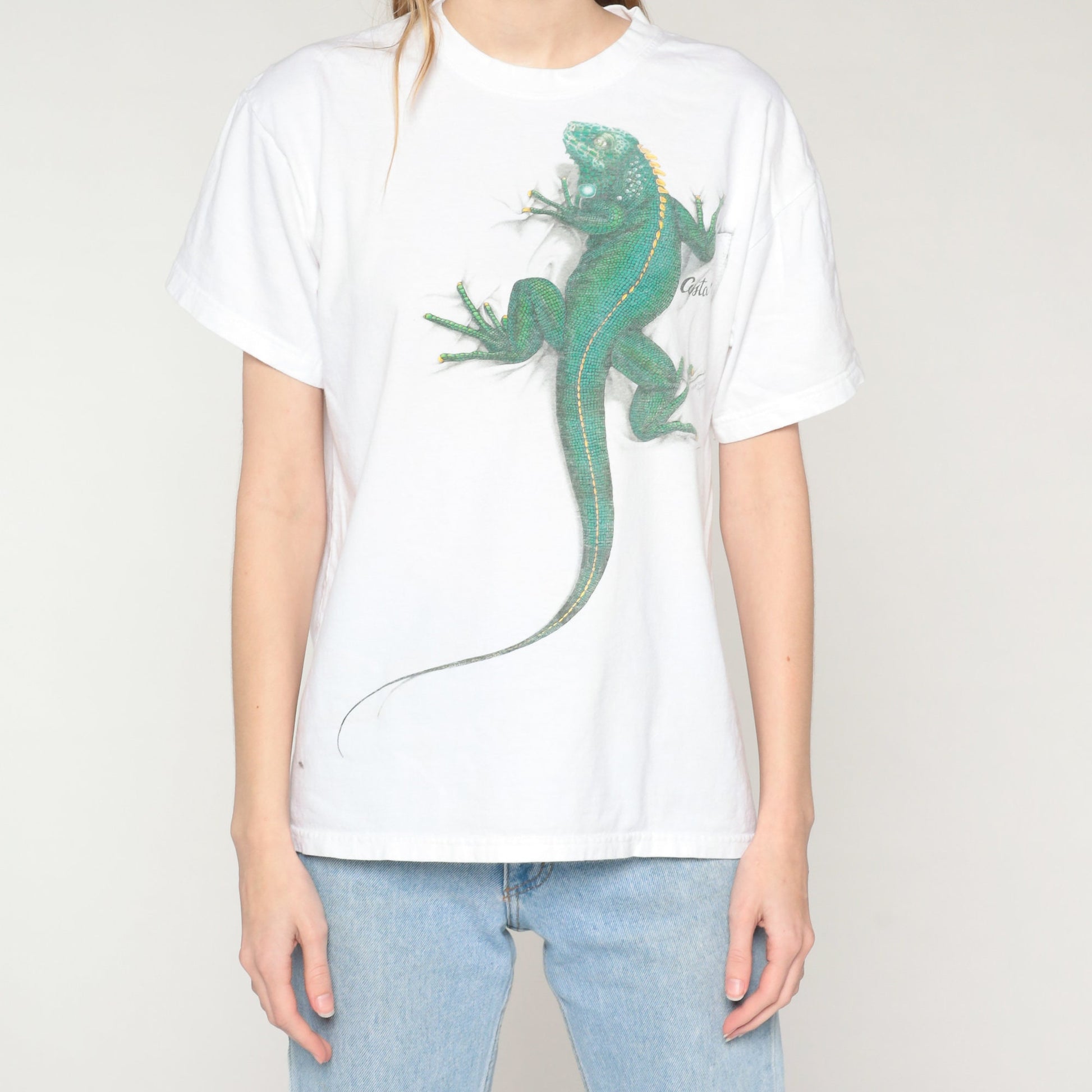 Y2K Costa Rica Iguana Graphic T-Shirt White Cotton Tee Medium