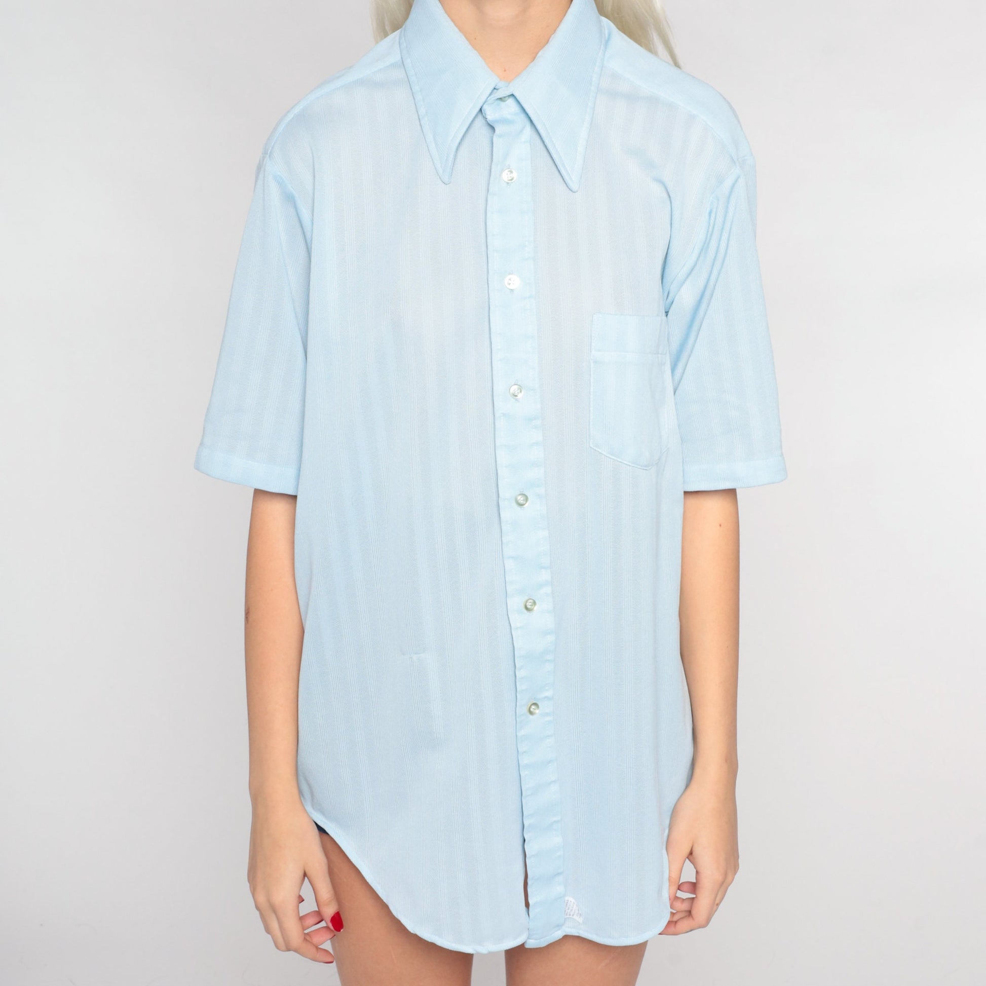 70s Baby Blue Dagger Collar Button-Up Shirt Short Sleeve Men's Large