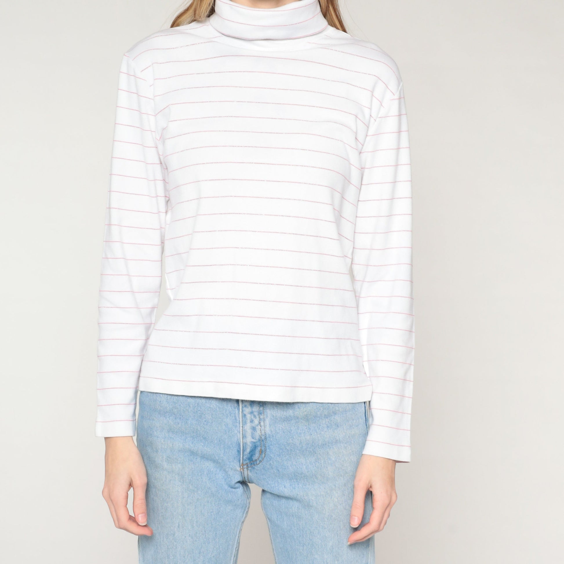 90s Striped Turtleneck Long Sleeve Shirt White Pink Metallic Medium M