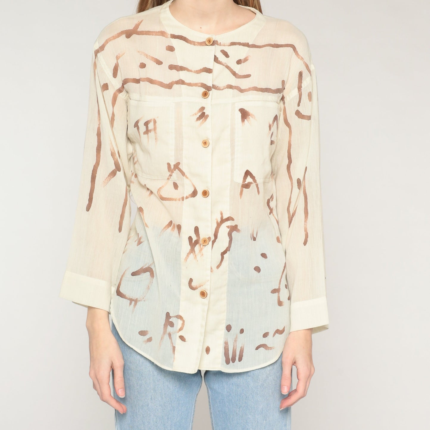 80s Abstract Brushstroke Button-Up Blouse Cream Brown Semi-Sheer Long Sleeve Small