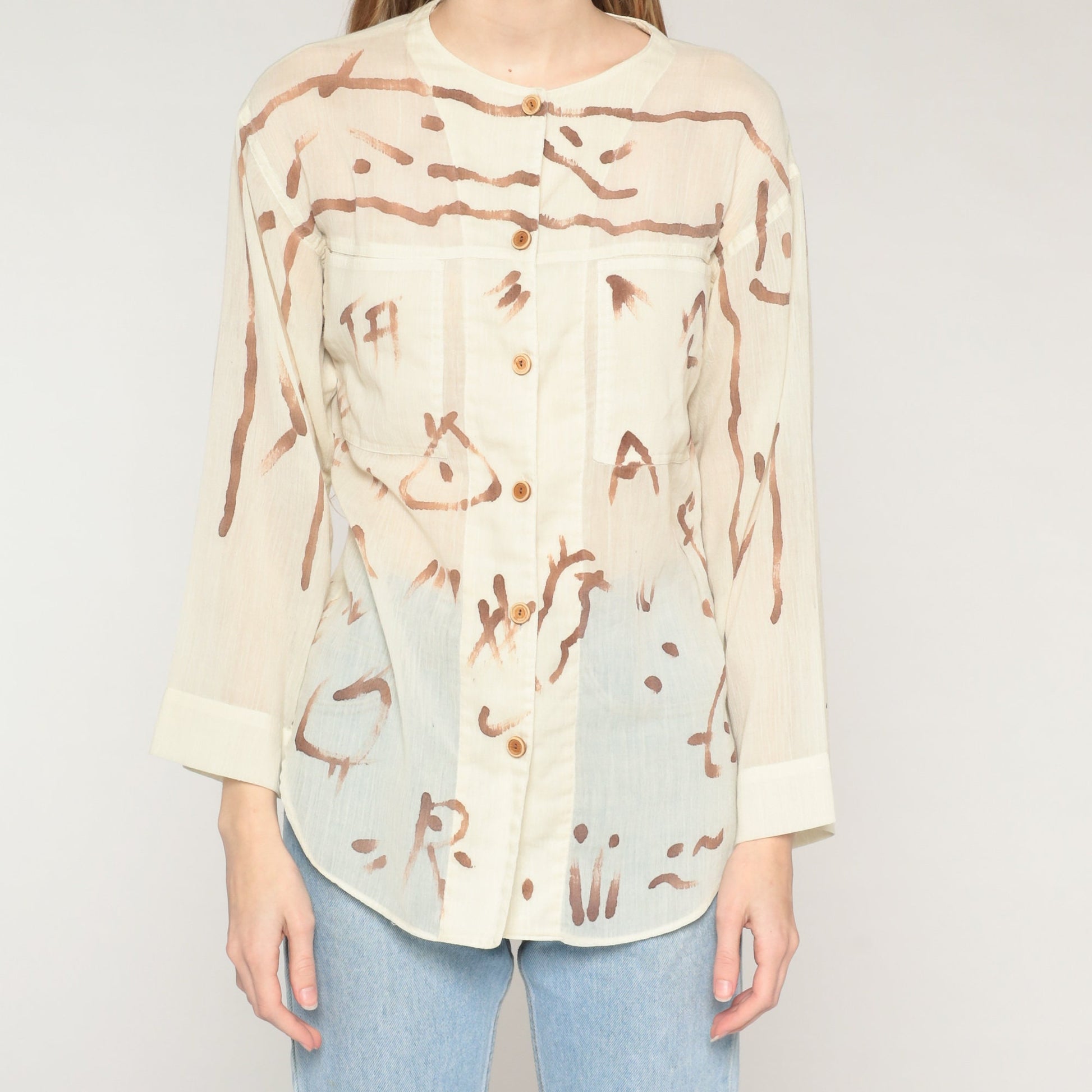 80s Abstract Brushstroke Button-Up Blouse Cream Brown Semi-Sheer Long Sleeve Small