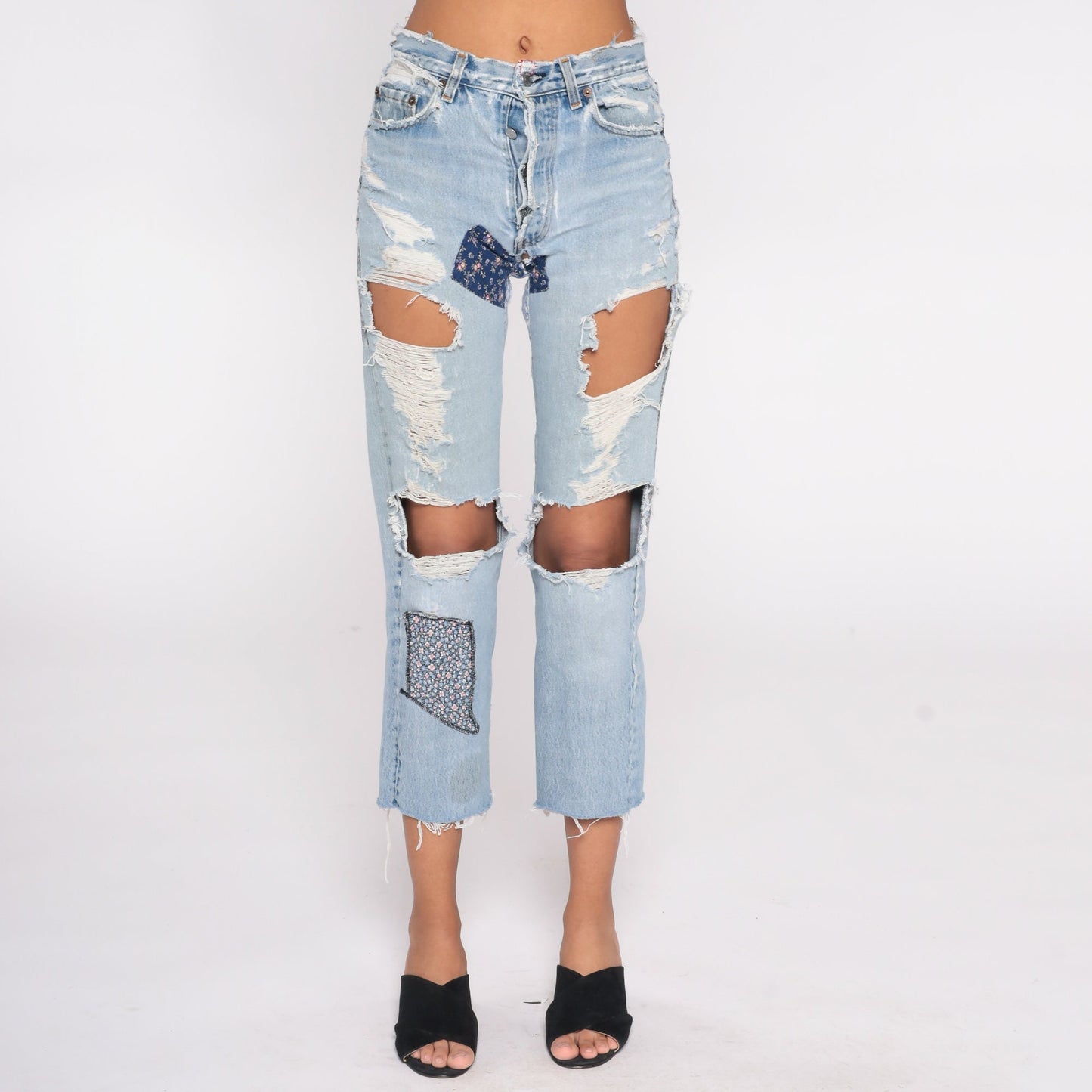 00s Levi's Floral Patchwork Ripped Jeans Cropped Straight Leg Small