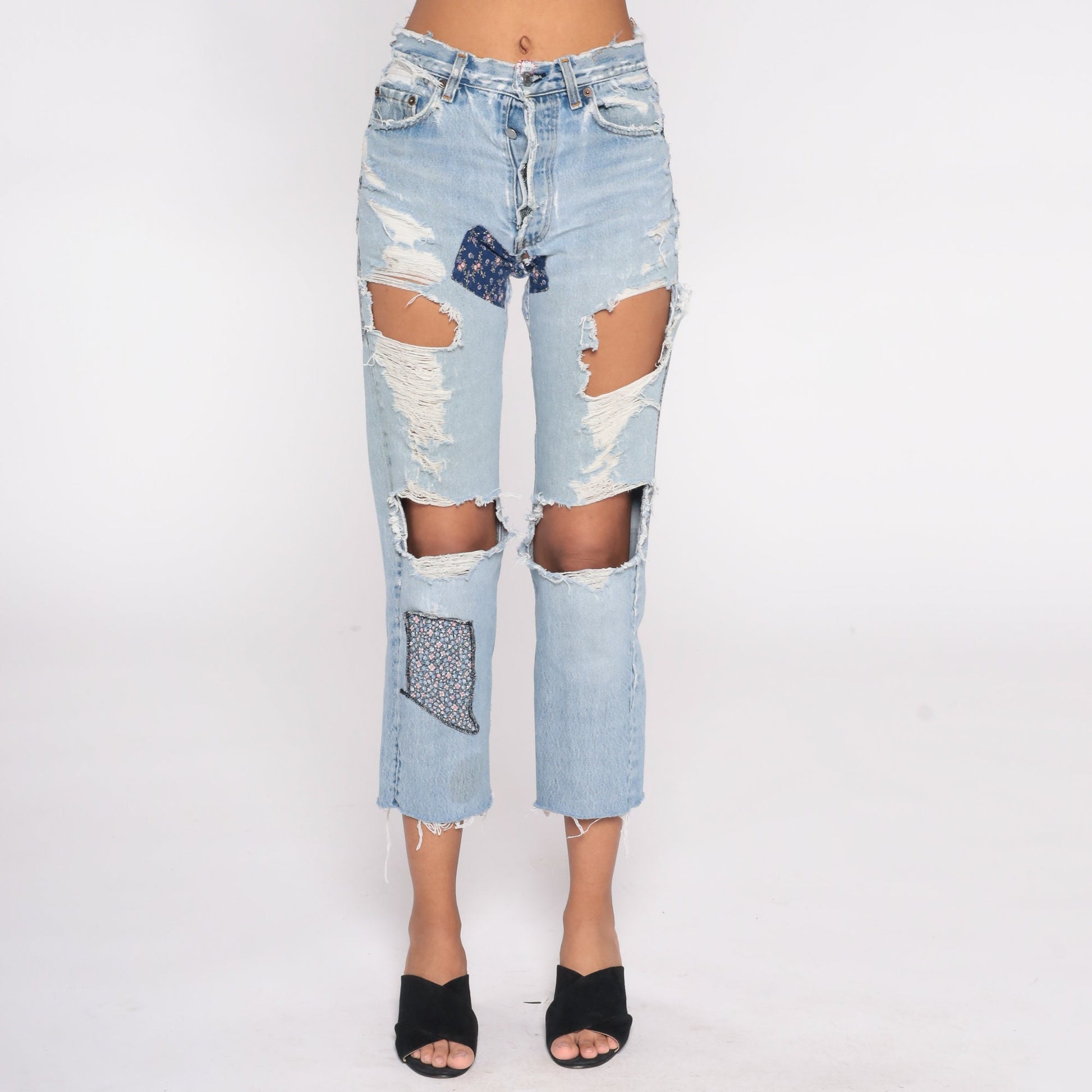 00s Levi's Floral Patchwork Ripped Jeans Cropped Straight Leg Small
