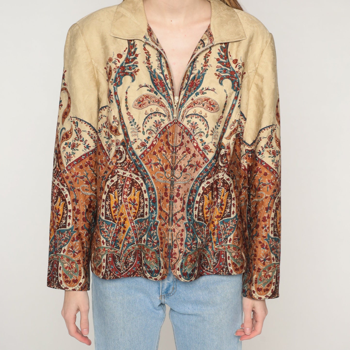 Y2K Coldwater Creek Floral Embossed Jacket Tan Indian Print Zip-Up Extra Large XXL