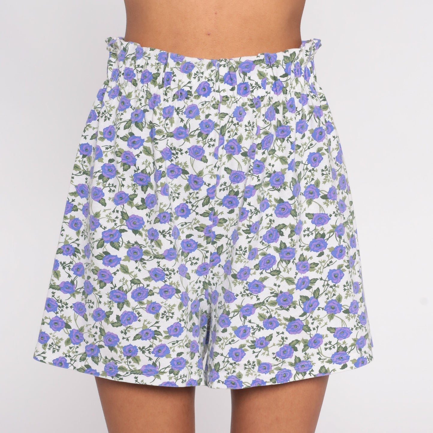 90s Fizzical Floral Paper Bag Shorts High Waist Purple White Cotton Medium Large
