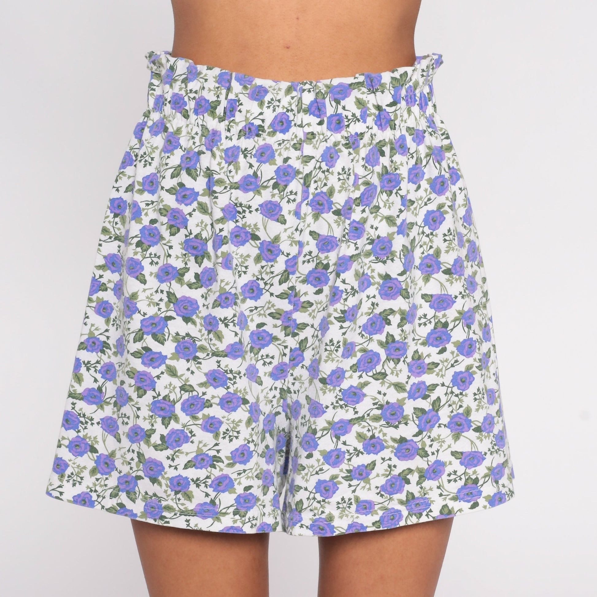 90s Fizzical Floral Paper Bag Shorts High Waist Purple White Cotton Medium Large