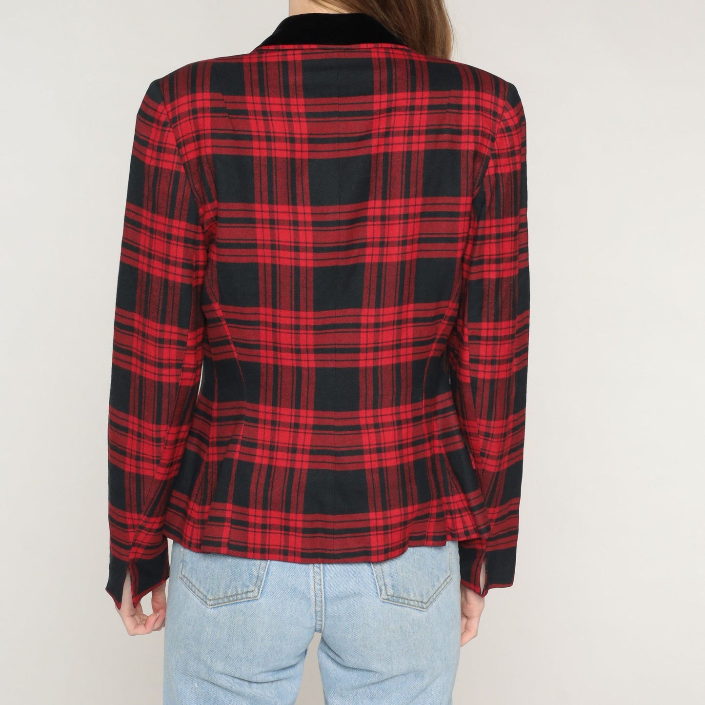 70s Marshall Field Red Plaid Wool Blazer Notched Collar Button Jacket Extra Small