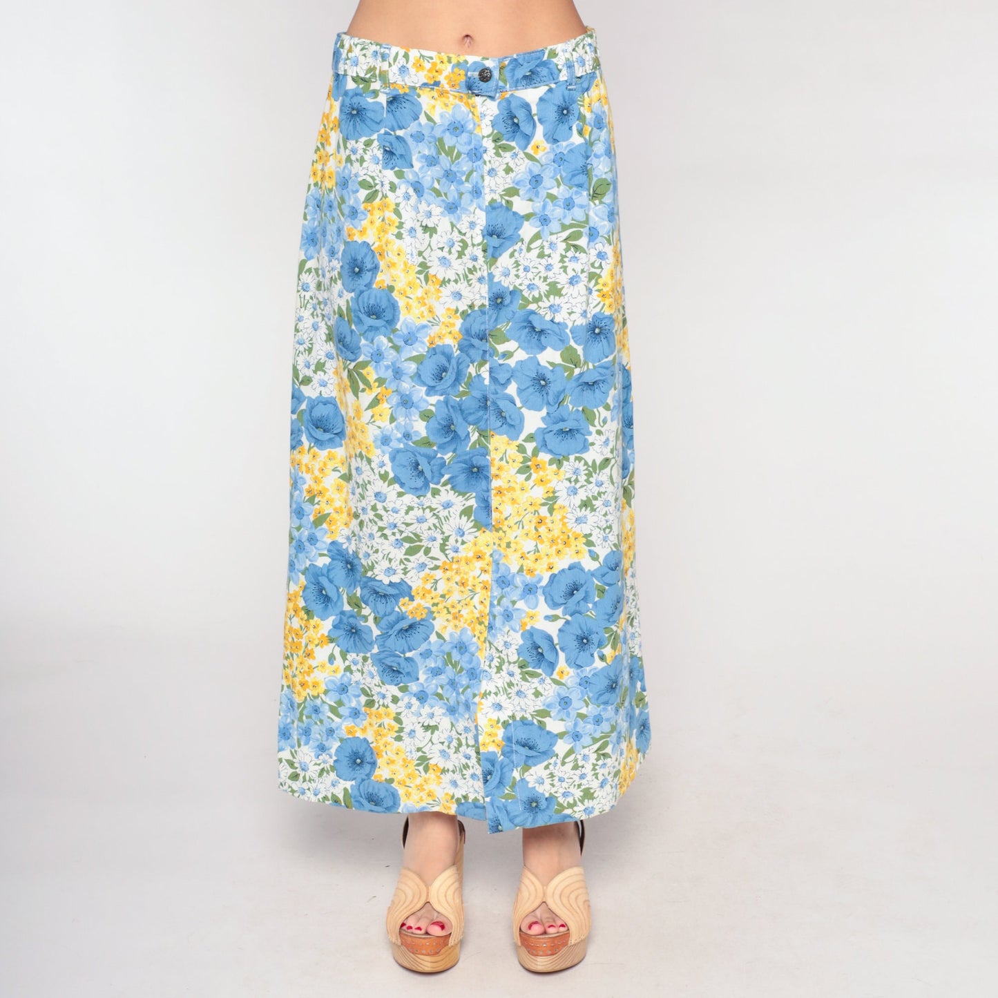 90s Blue Floral Wrap Maxi Skirt Cotton Flower Print Medium Large