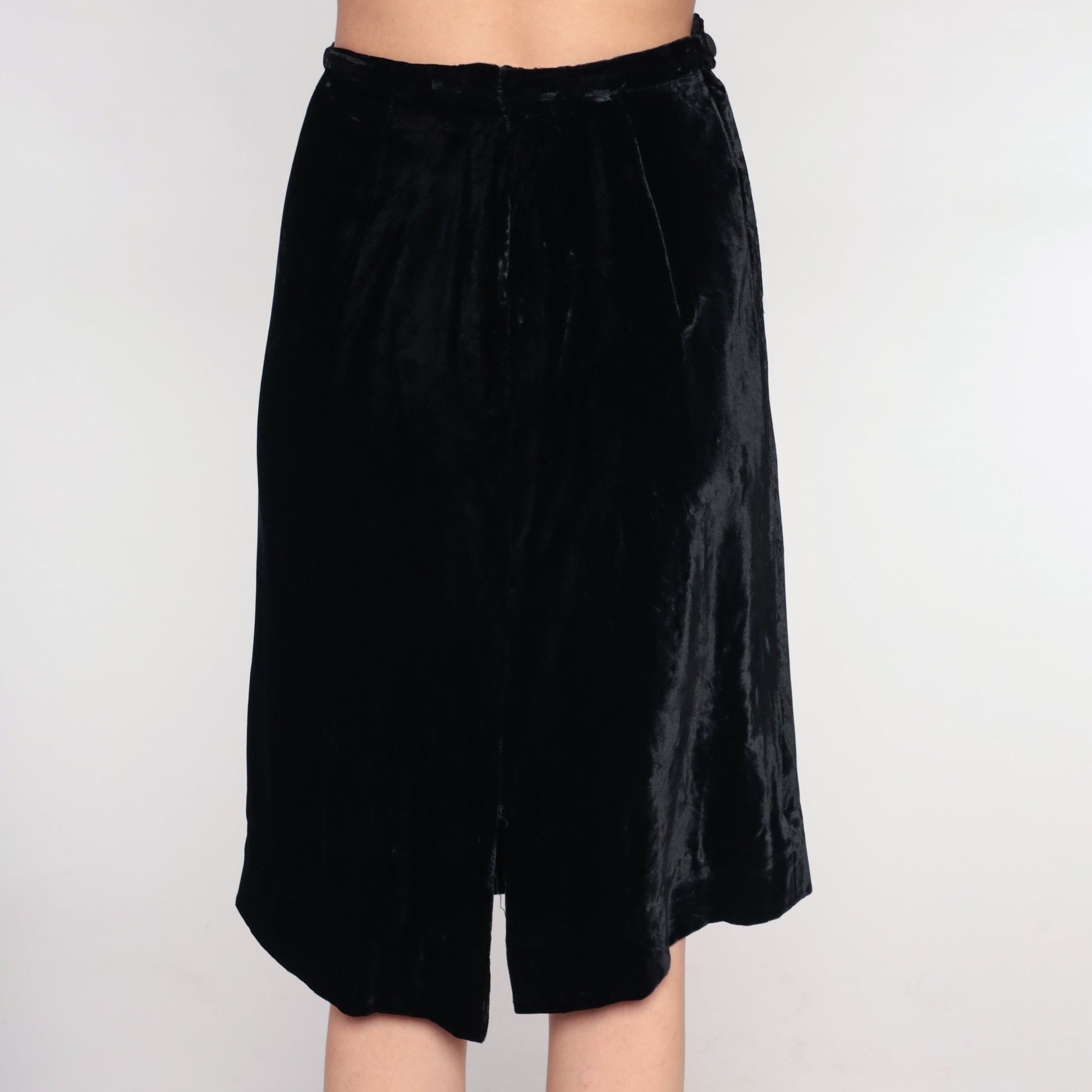 70s Black Velvet Midi Skirt High Waisted Pencil Extra Small XS