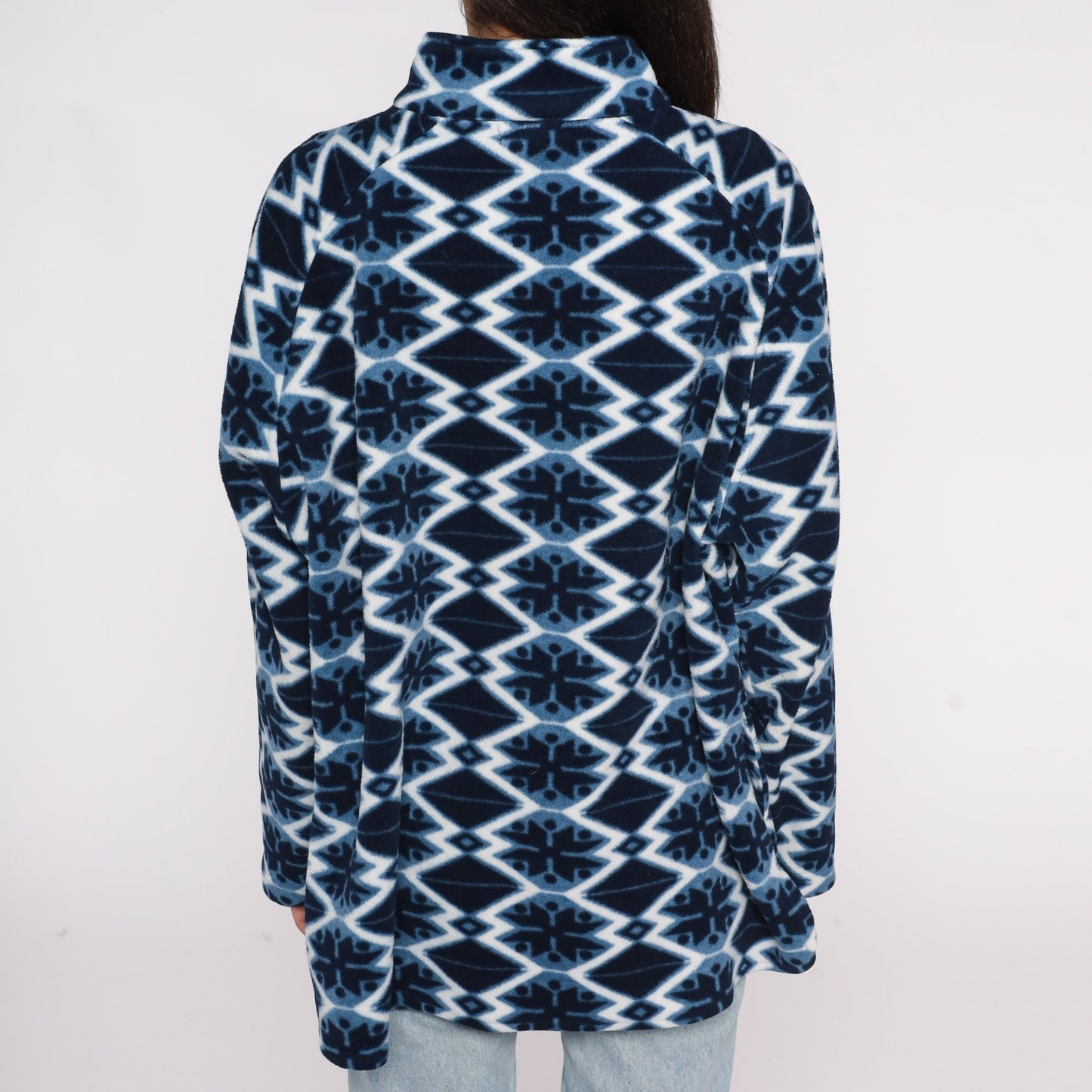 Y2K Nordic Snowflake Fleece Mock Neck Pullover Blue Extra Extra Large XXL