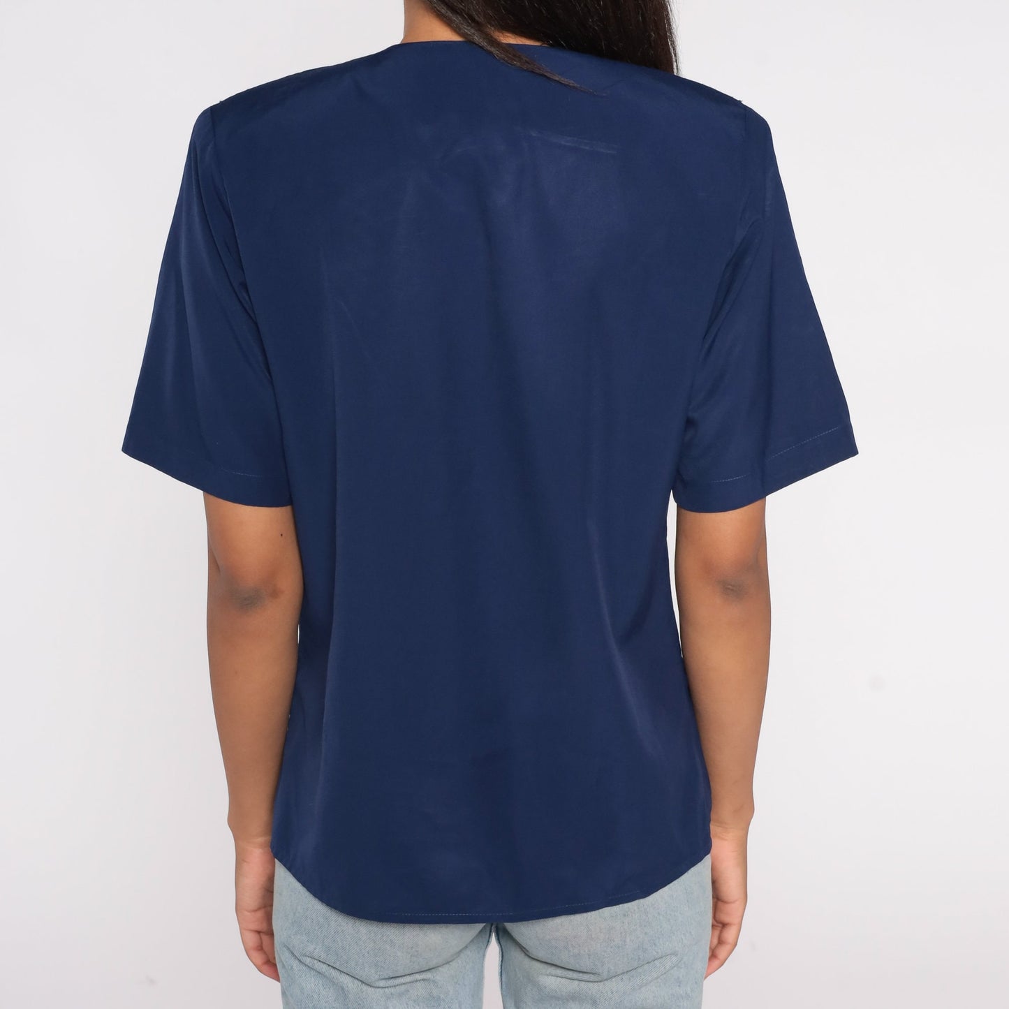 90s Navy Floral Embroidered Collared Blouse Short Sleeve Button Up Small