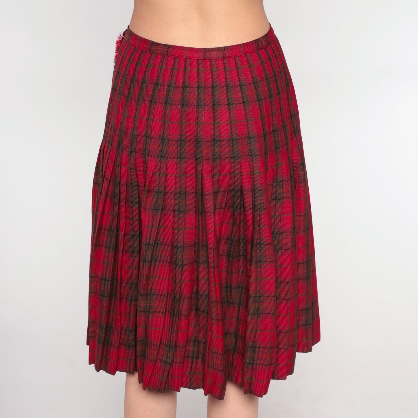 70s Scottish Tartan Wool Midi Skirt Red Plaid Pleated High Waist Small