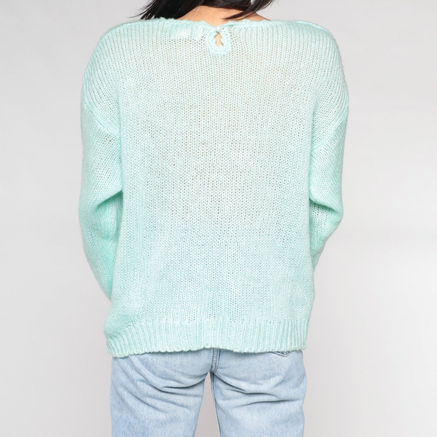 90s Mint Green Floral Appliqué Knit Sweater Pullover Medium M