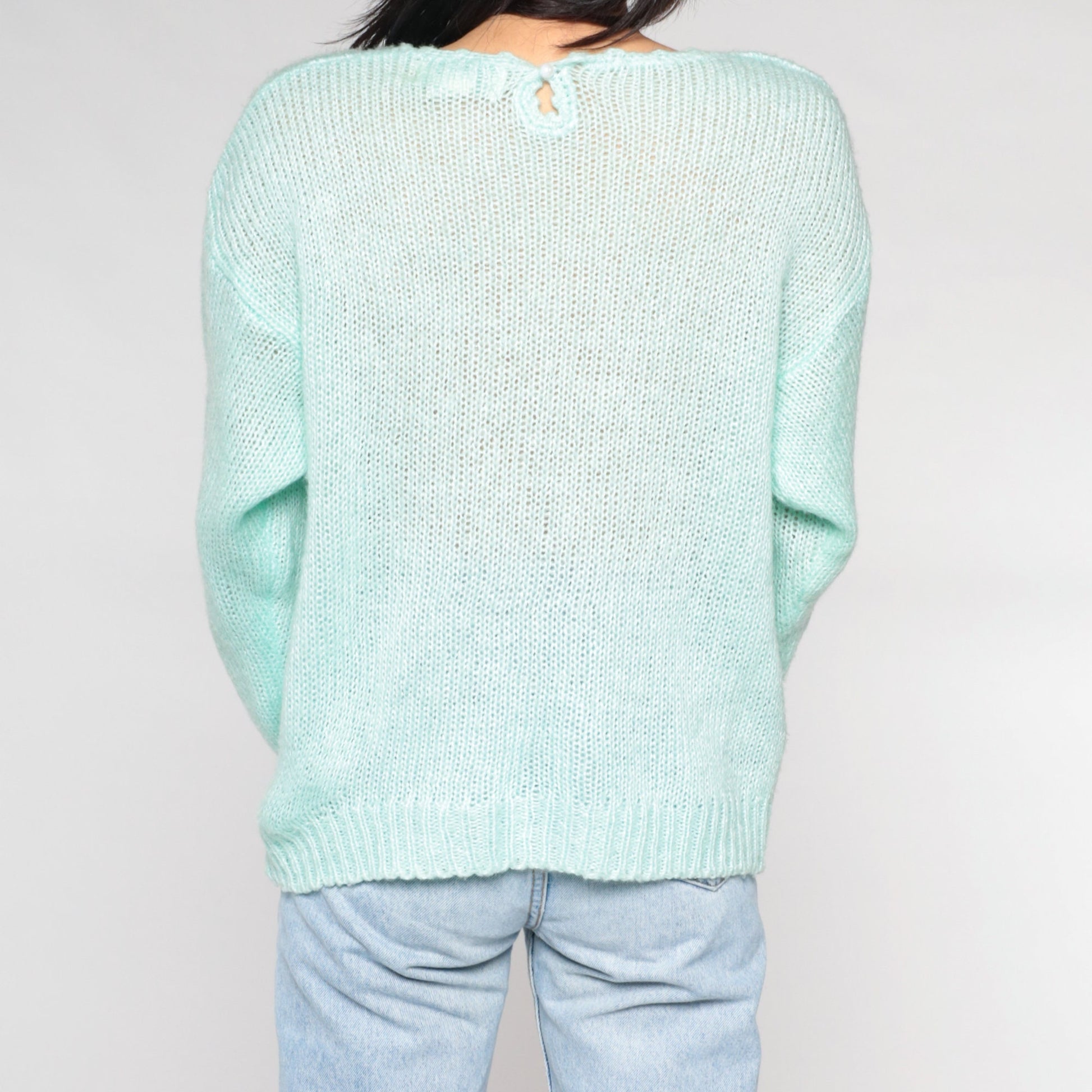90s Mint Green Floral Appliqué Knit Sweater Pullover Medium M