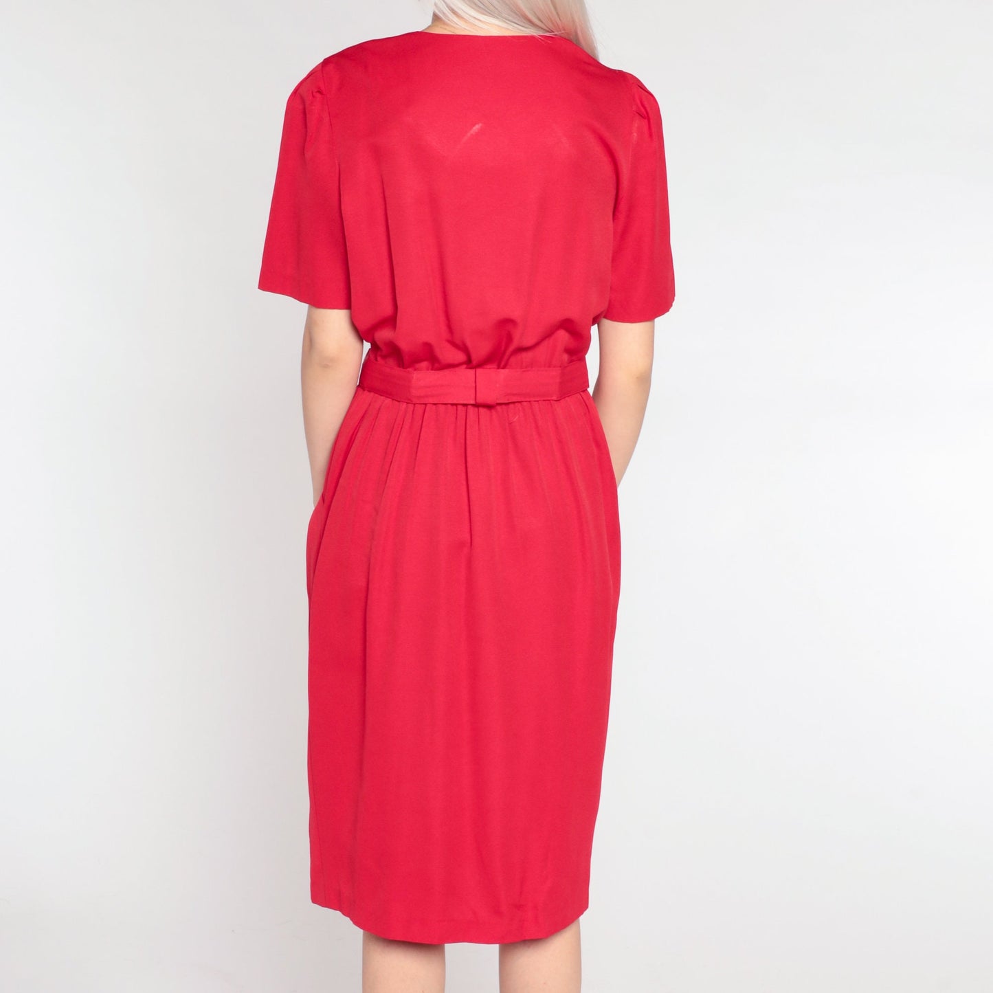 90s Red Midi Shirtdress Gold Crest Pocket Puff Sleeve Button Up Small