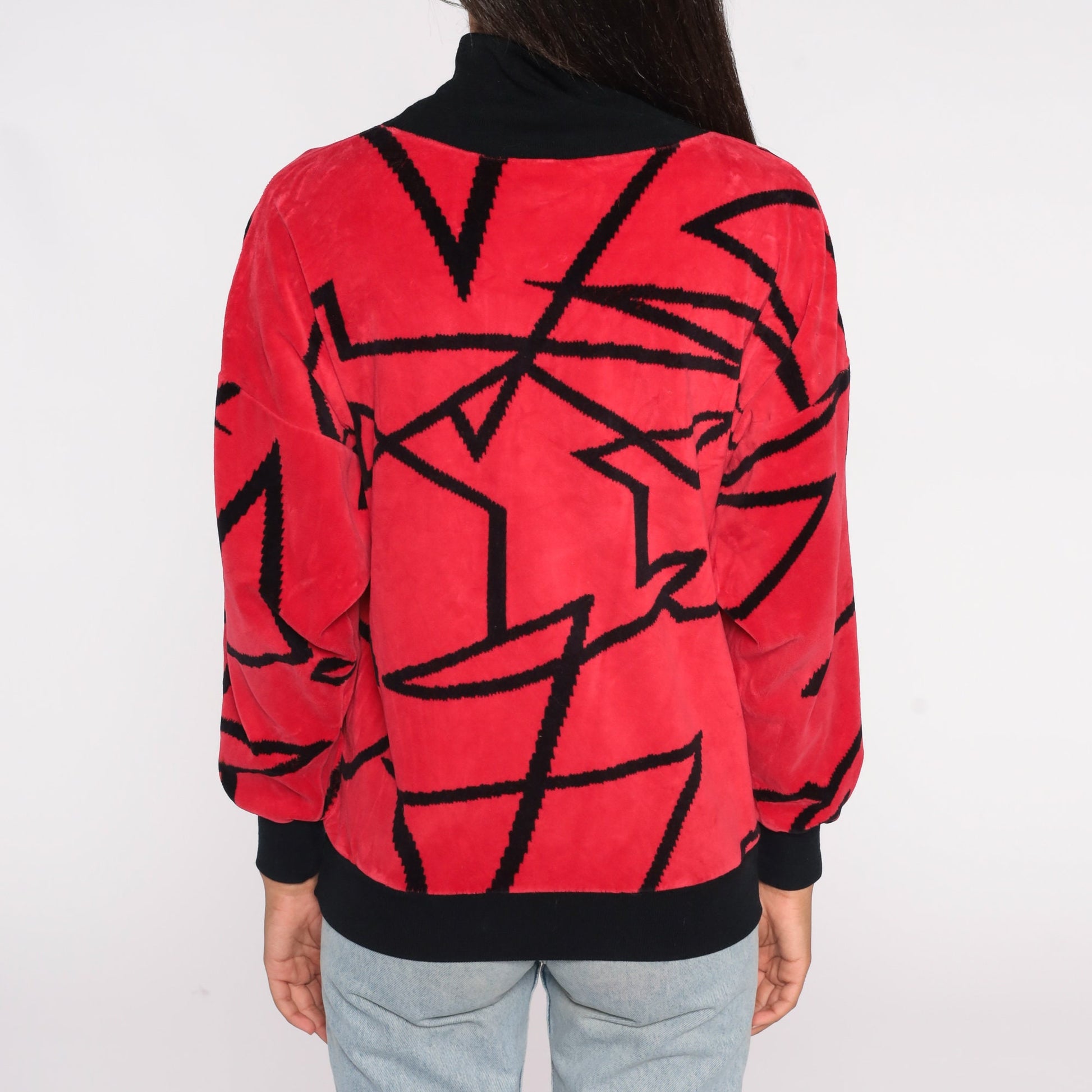 80s Red Velour Mock Neck Sweatshirt Geometric Print Pullover Medium