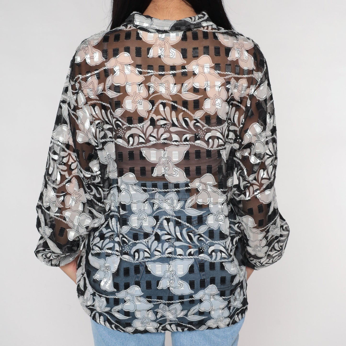 00s Sheer Orchid Floral Jacket Black White Zip Windbreaker Large L