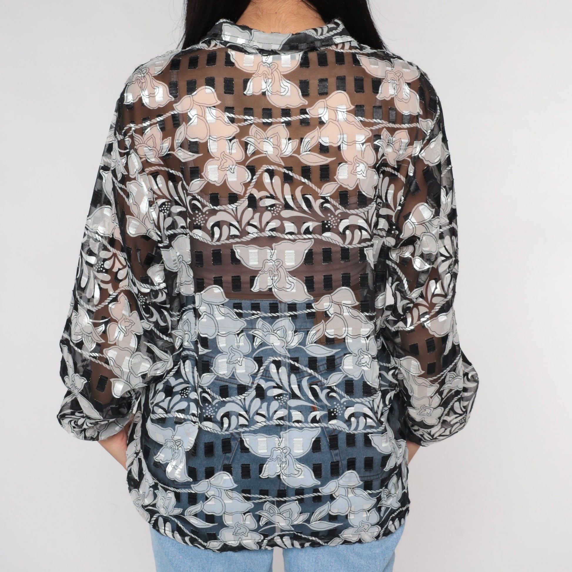 00s Sheer Orchid Floral Jacket Black White Zip Windbreaker Large L