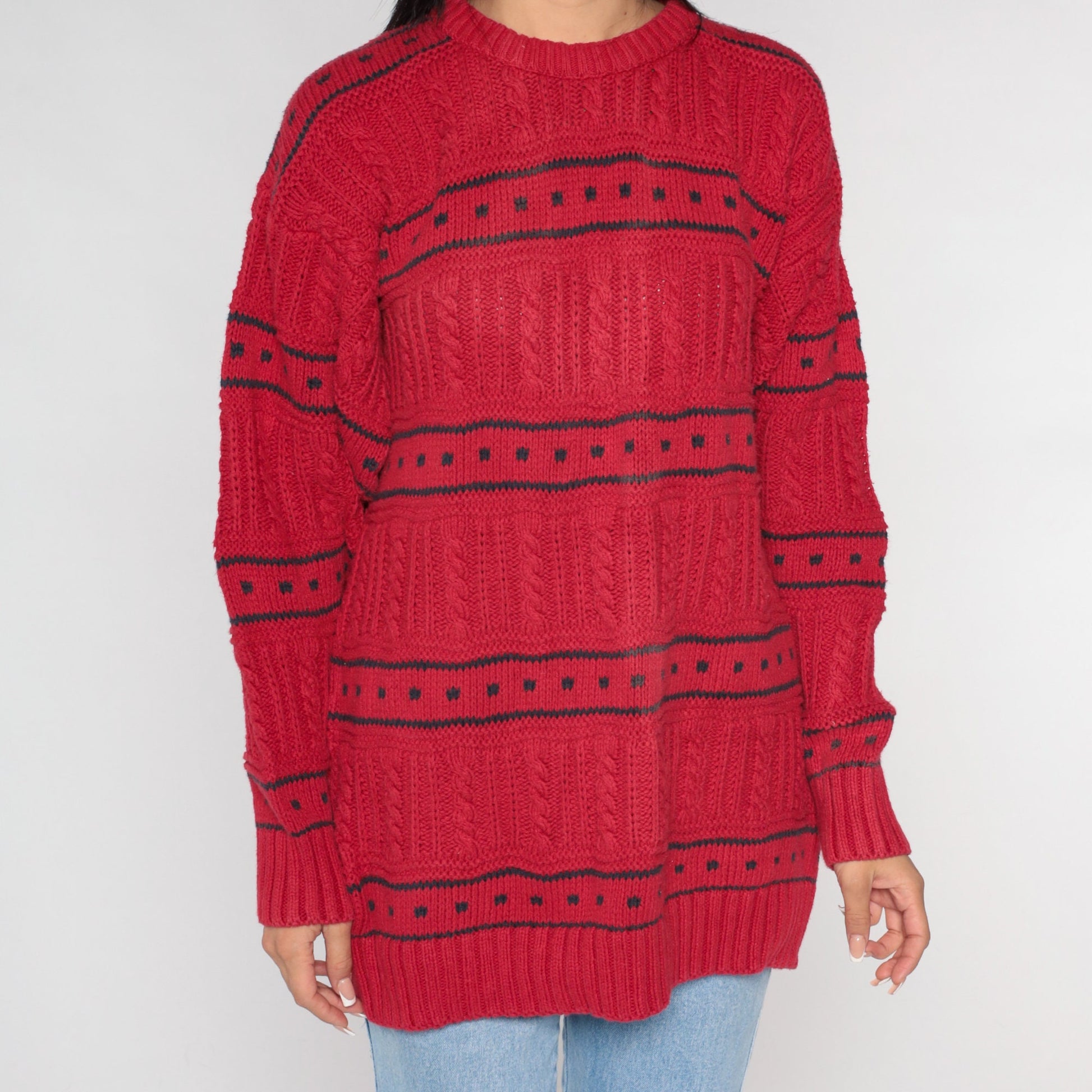 90s Red Cable Knit Sweater Black Geometric Square Crewneck Cotton Large L