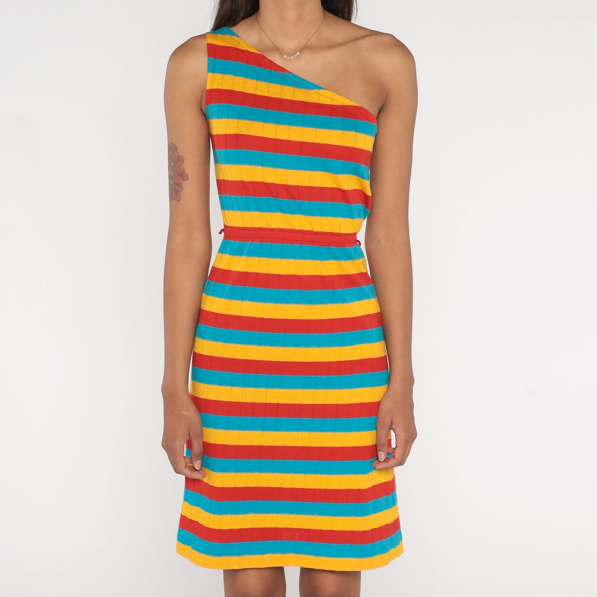 70s One-Shoulder Striped Mini Dress Bright Summer Sundress Extra Small