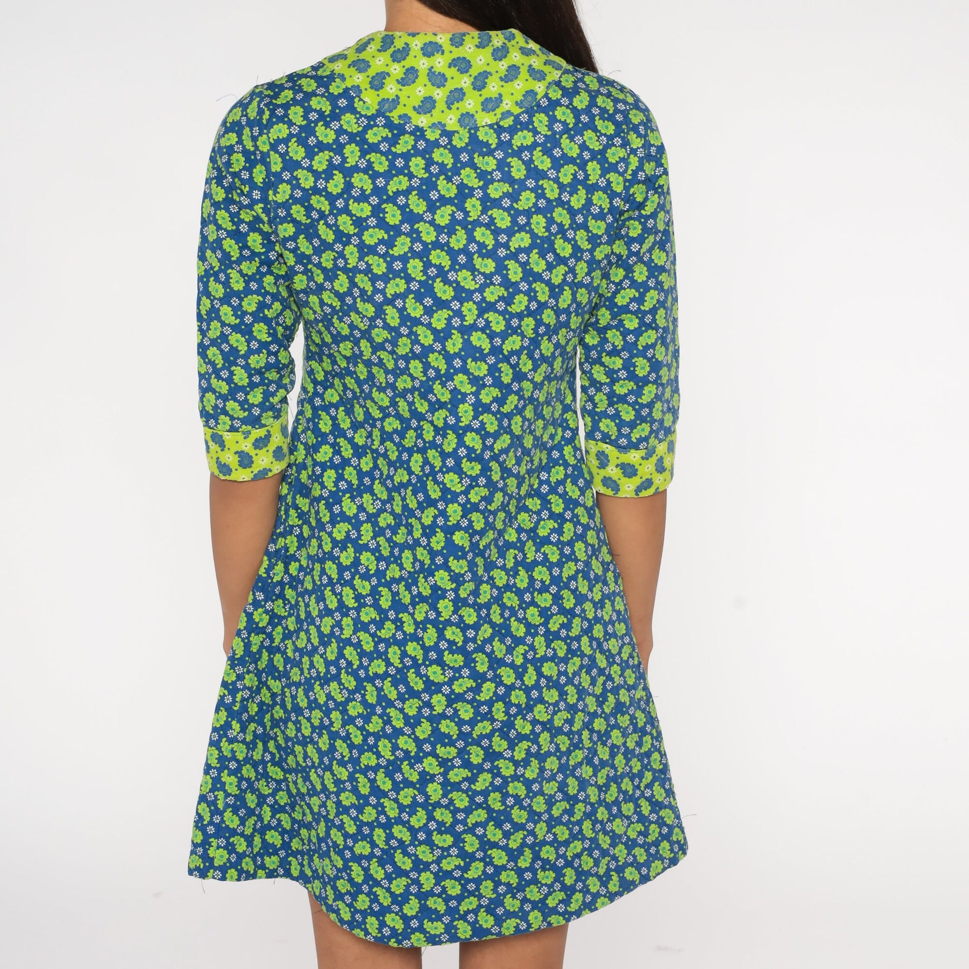 60s Paisley Quilted Mini Dress Blue Lime Green Shift Front Zipper Small